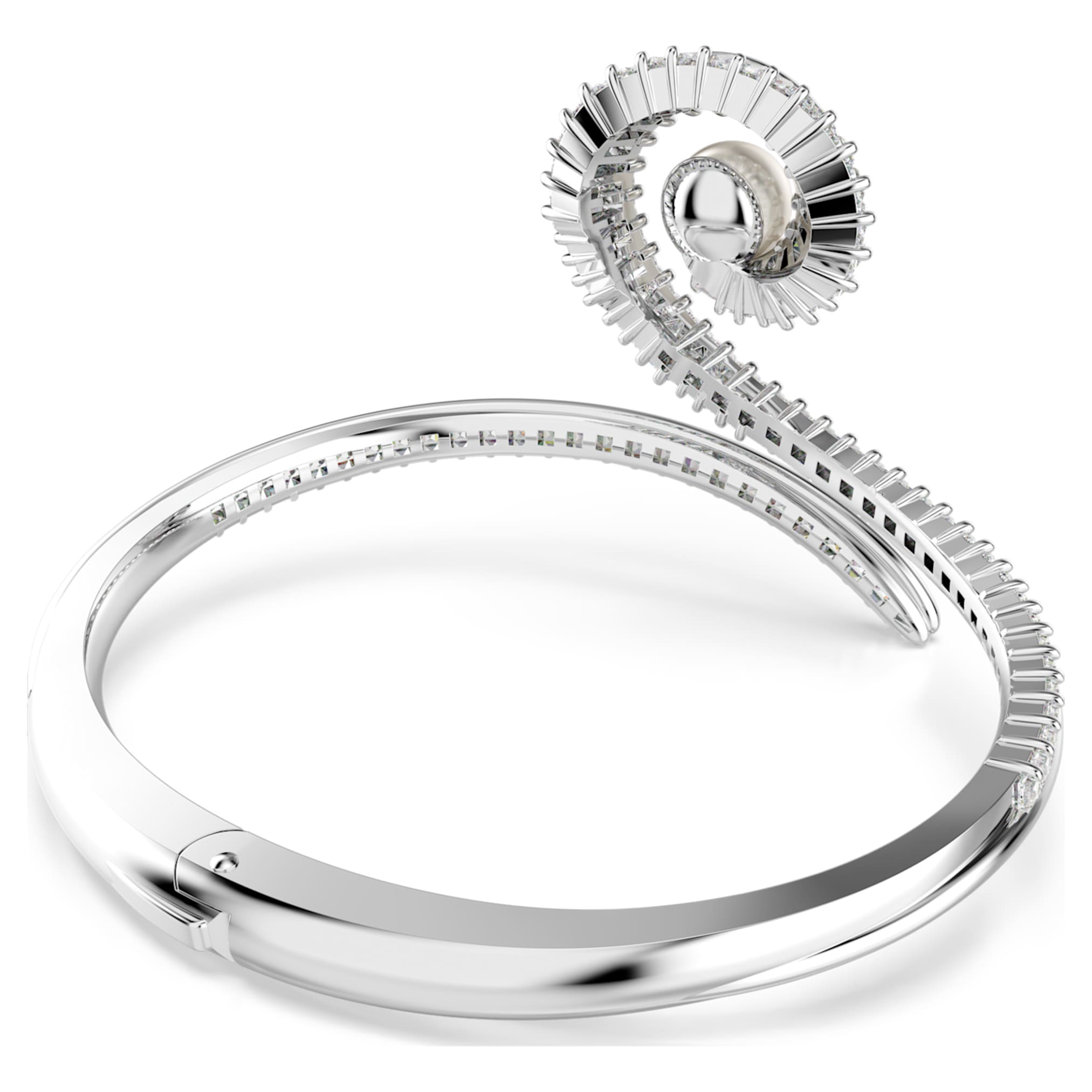 Ariana Grande x Swarovski bangle Crystal pearl, Baguette cut, White, Rhodium plated
