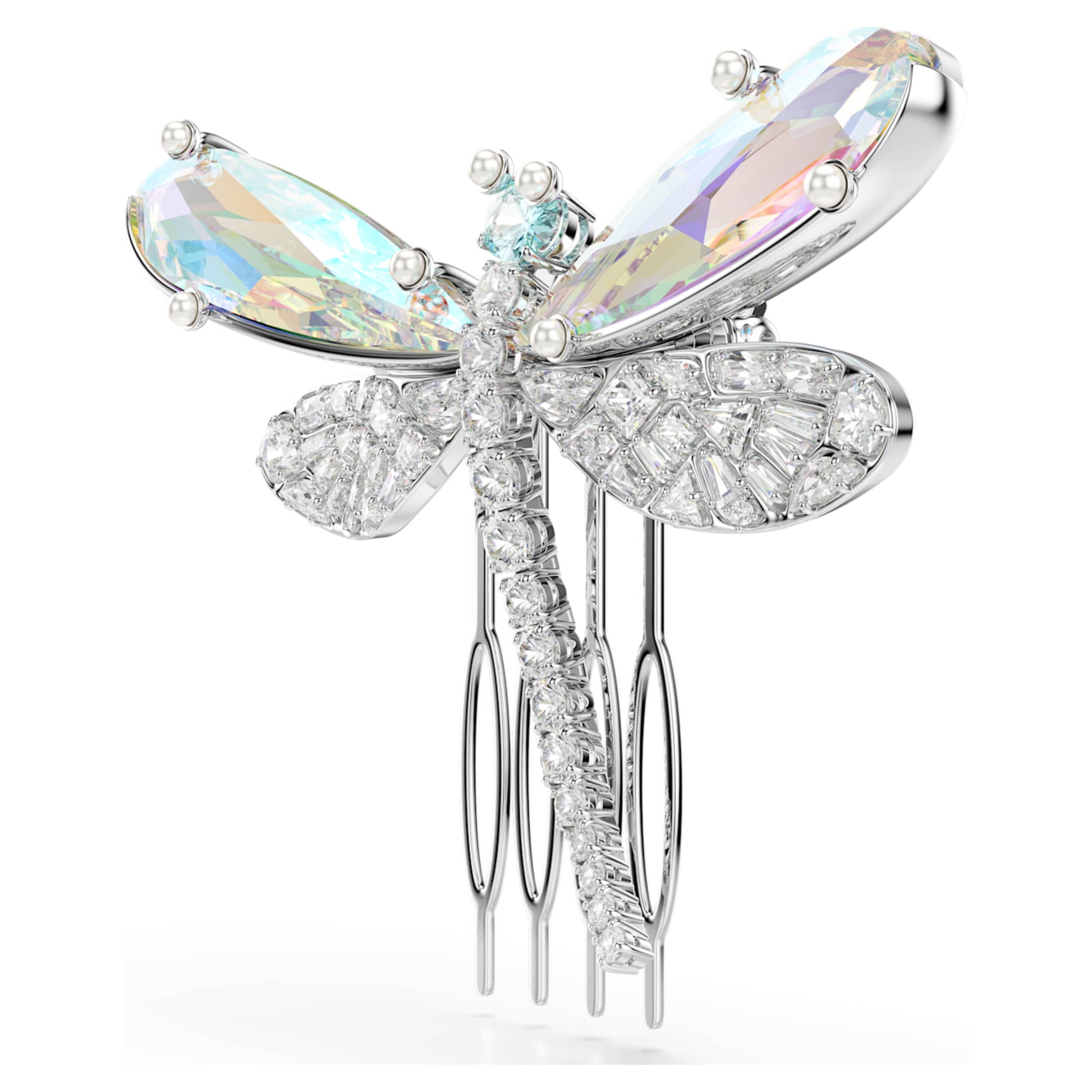 Ariana Grande x Swarovski brooch and hair accessory Crystal Pearl, Mixed cuts, Dragonfly, White, Rhodium plated