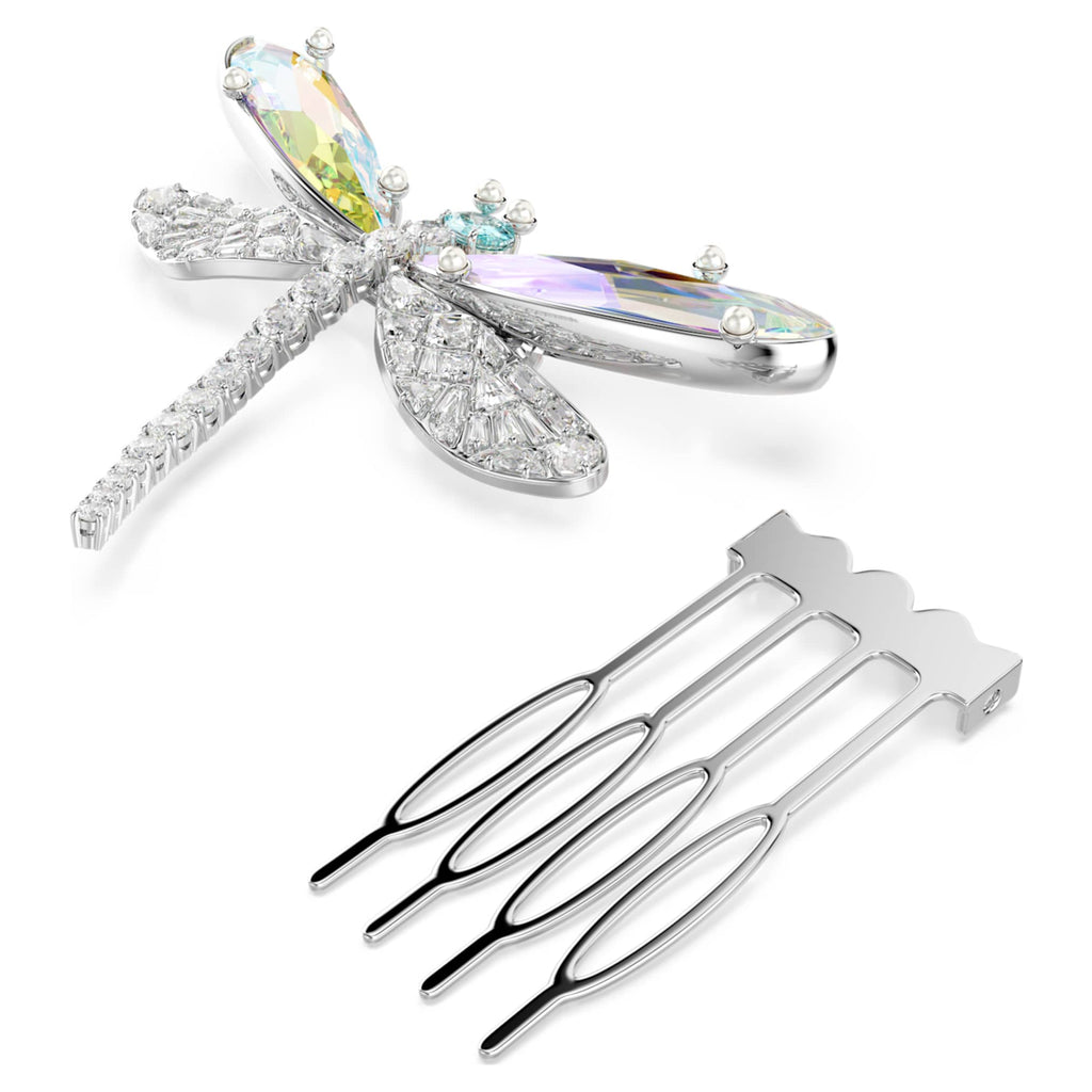 Ariana Grande x Swarovski brooch and hair accessory Crystal Pearl, Mixed cuts, Dragonfly, White, Rhodium plated
