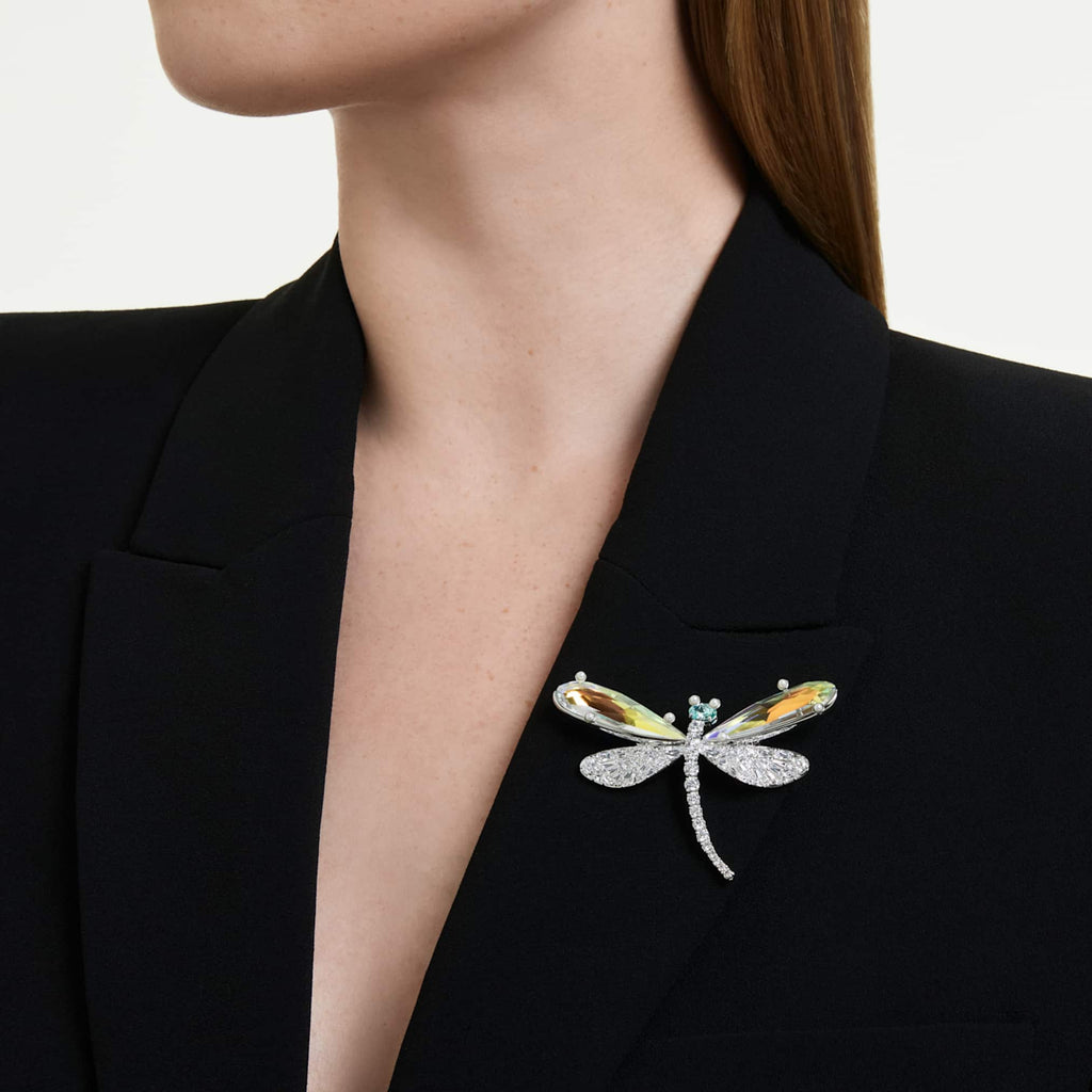 Ariana Grande x Swarovski brooch and hair accessory Crystal Pearl, Mixed cuts, Dragonfly, White, Rhodium plated