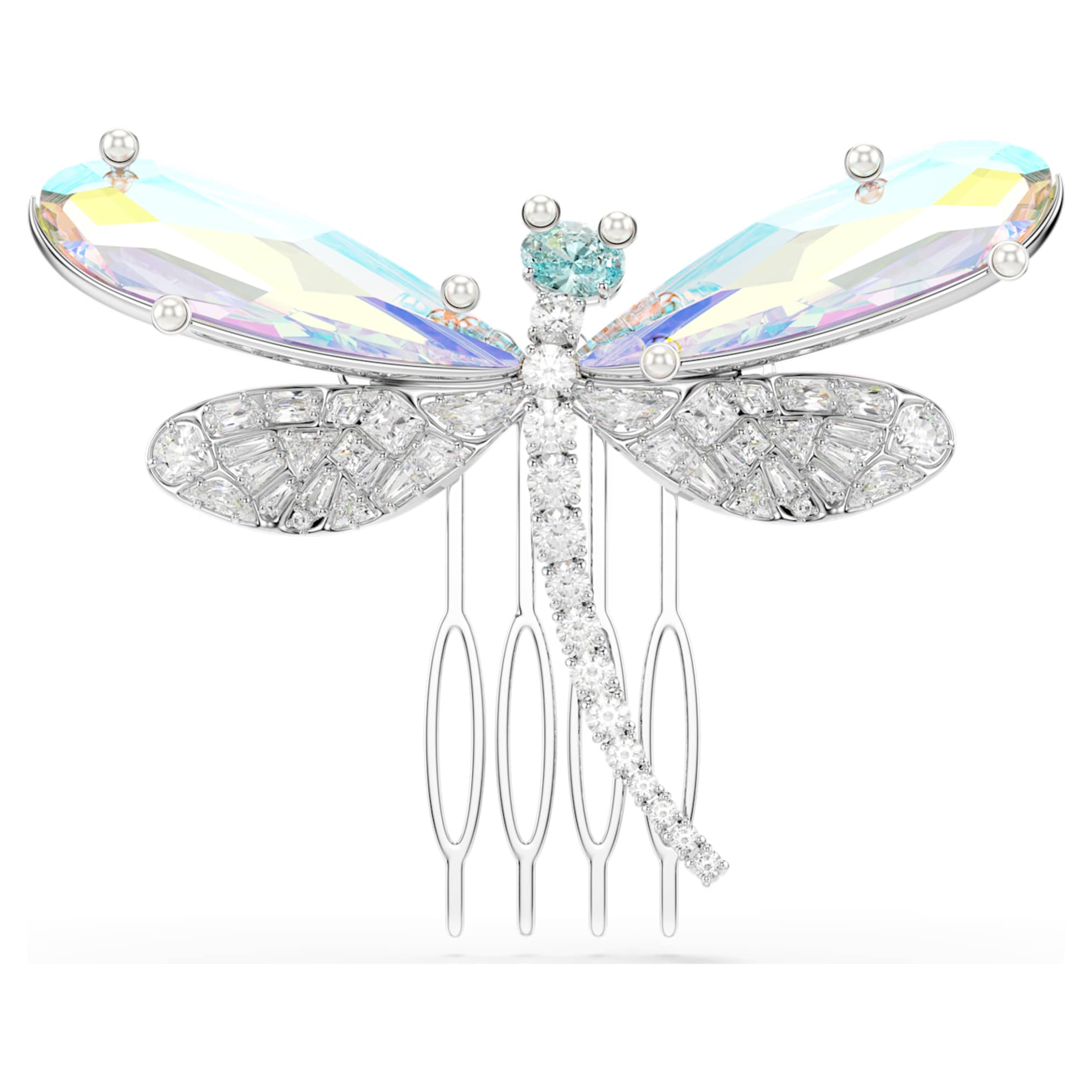 Ariana Grande x Swarovski brooch and hair accessory Crystal Pearl, Mixed cuts, Dragonfly, White, Rhodium plated