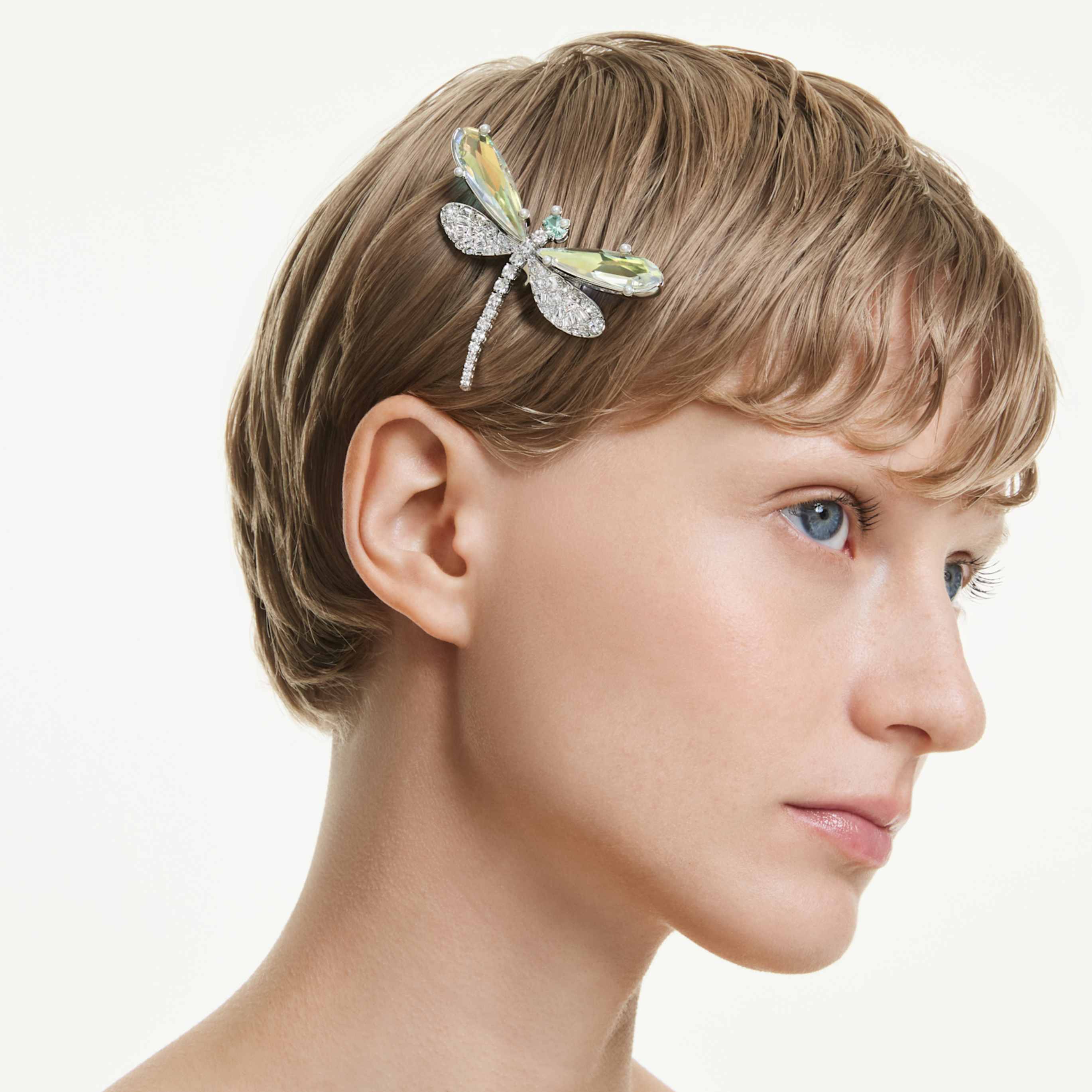 Ariana Grande x Swarovski brooch and hair accessory Crystal Pearl, Mixed cuts, Dragonfly, White, Rhodium plated