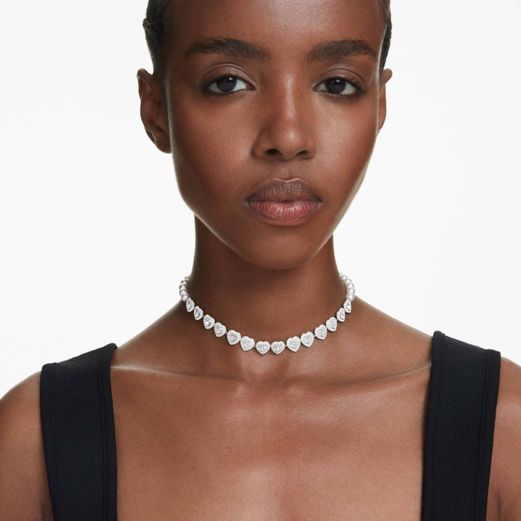 Ariana Grande x Swarovski choker Mixed cuts, Crystal pearl, Heart, White, Rhodium plated