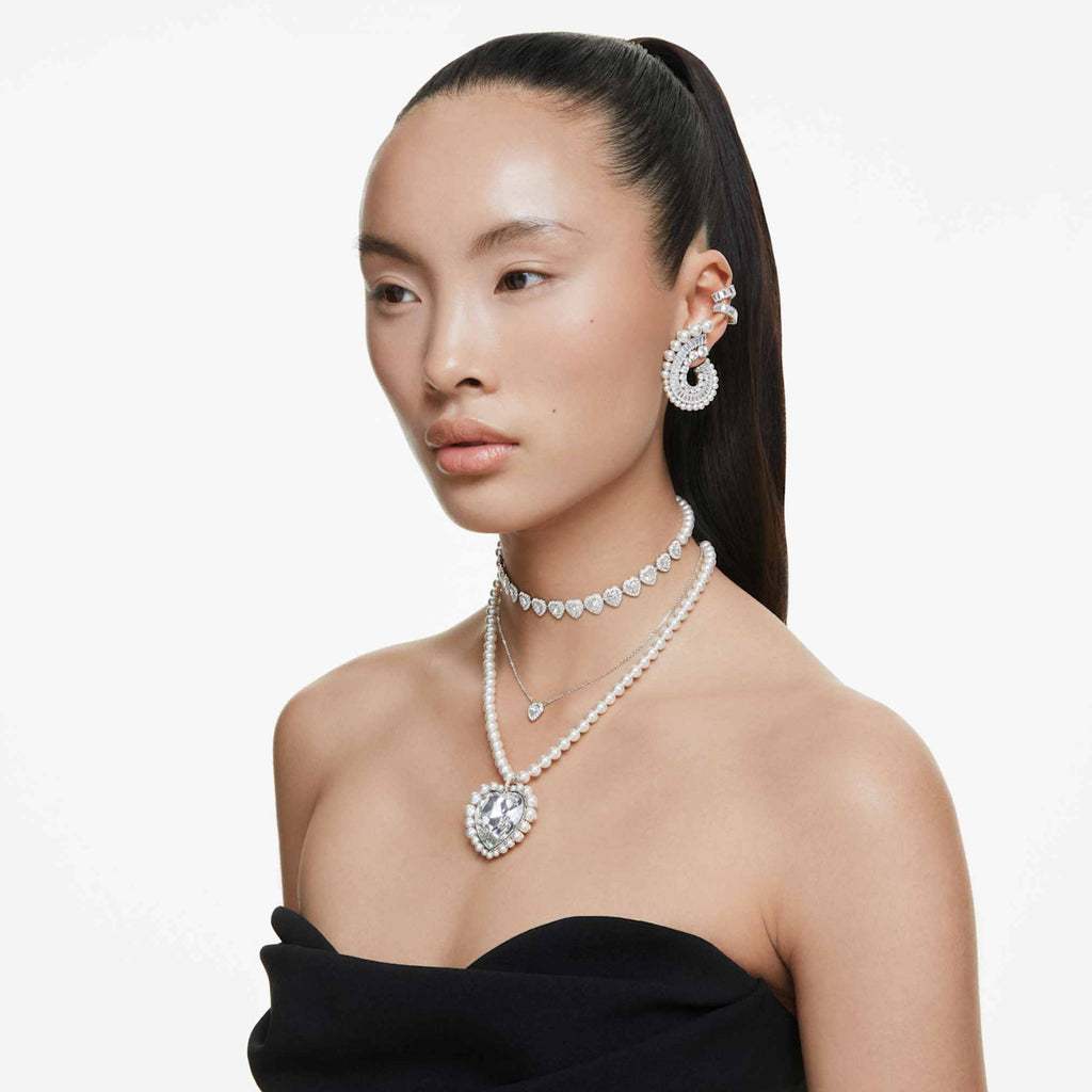 Ariana Grande x Swarovski drop earrings Crystal Pearl, Mixed cuts, White, Rhodium plated