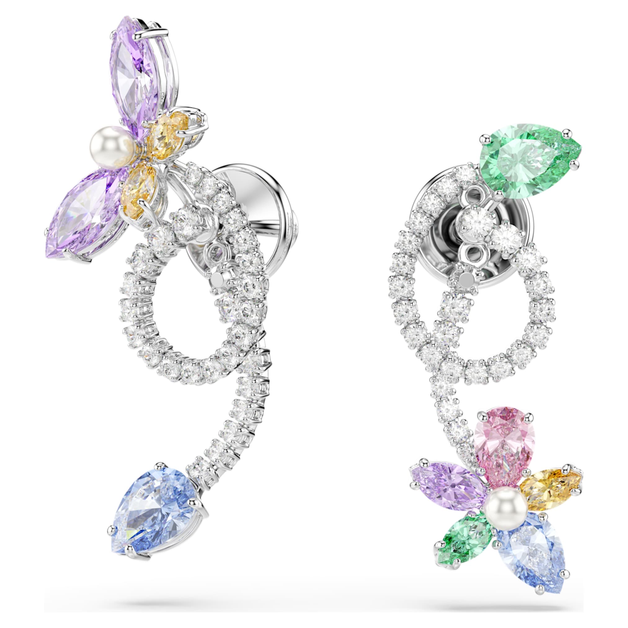 Ariana Grande x Swarovski drop earrings with ear jacket Mixed cuts, Dragonfly, Flower, Multicolored, Rhodium plated