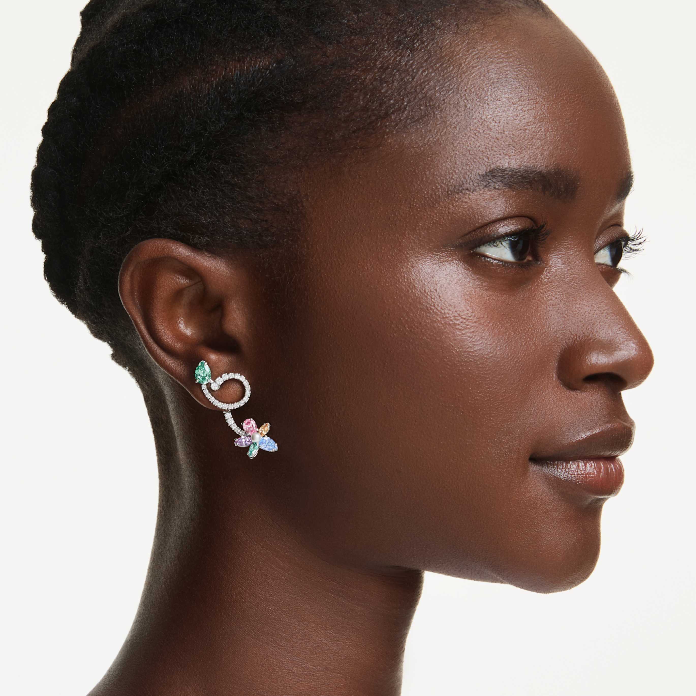 Ariana Grande x Swarovski drop earrings with ear jacket Mixed cuts, Dragonfly, Flower, Multicolored, Rhodium plated