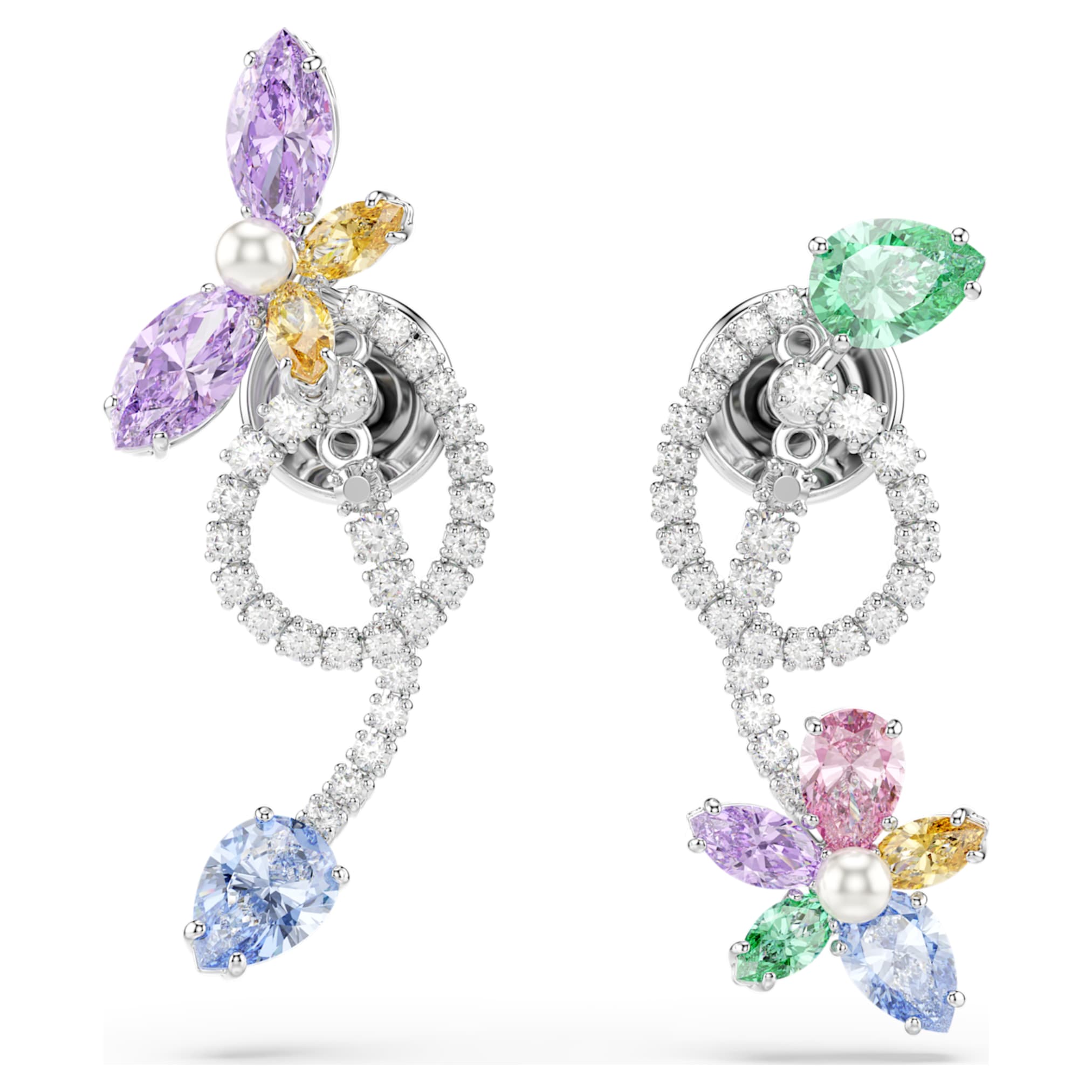 Ariana Grande x Swarovski drop earrings with ear jacket Mixed cuts, Dragonfly, Flower, Multicolored, Rhodium plated