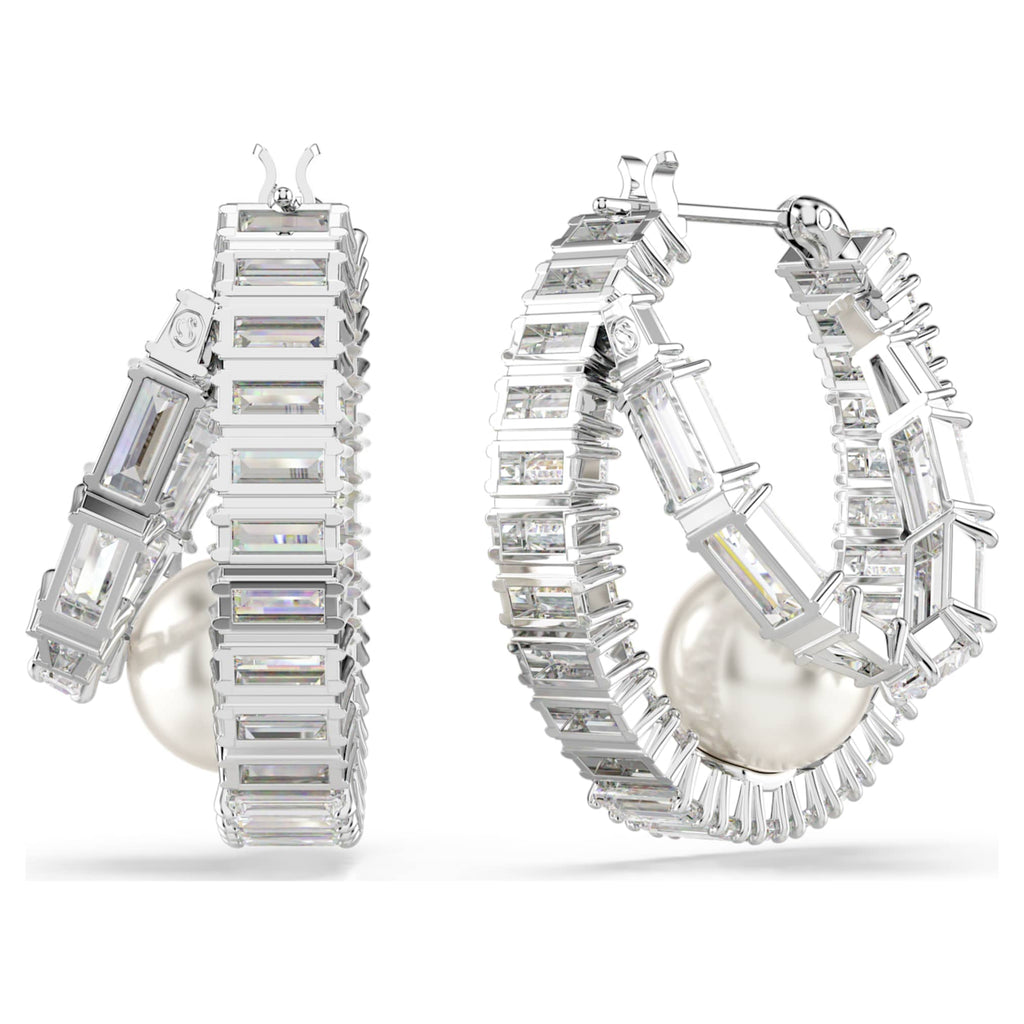Ariana Grande x Swarovski hoop earrings Crystal pearl, Baguette cut, White, Rhodium plated