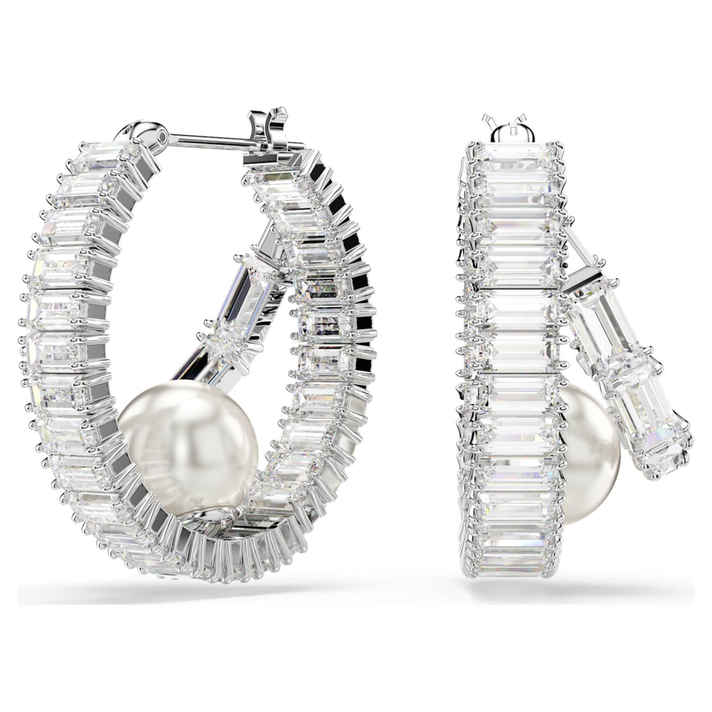 Ariana Grande x Swarovski hoop earrings Crystal pearl, Baguette cut, White, Rhodium plated