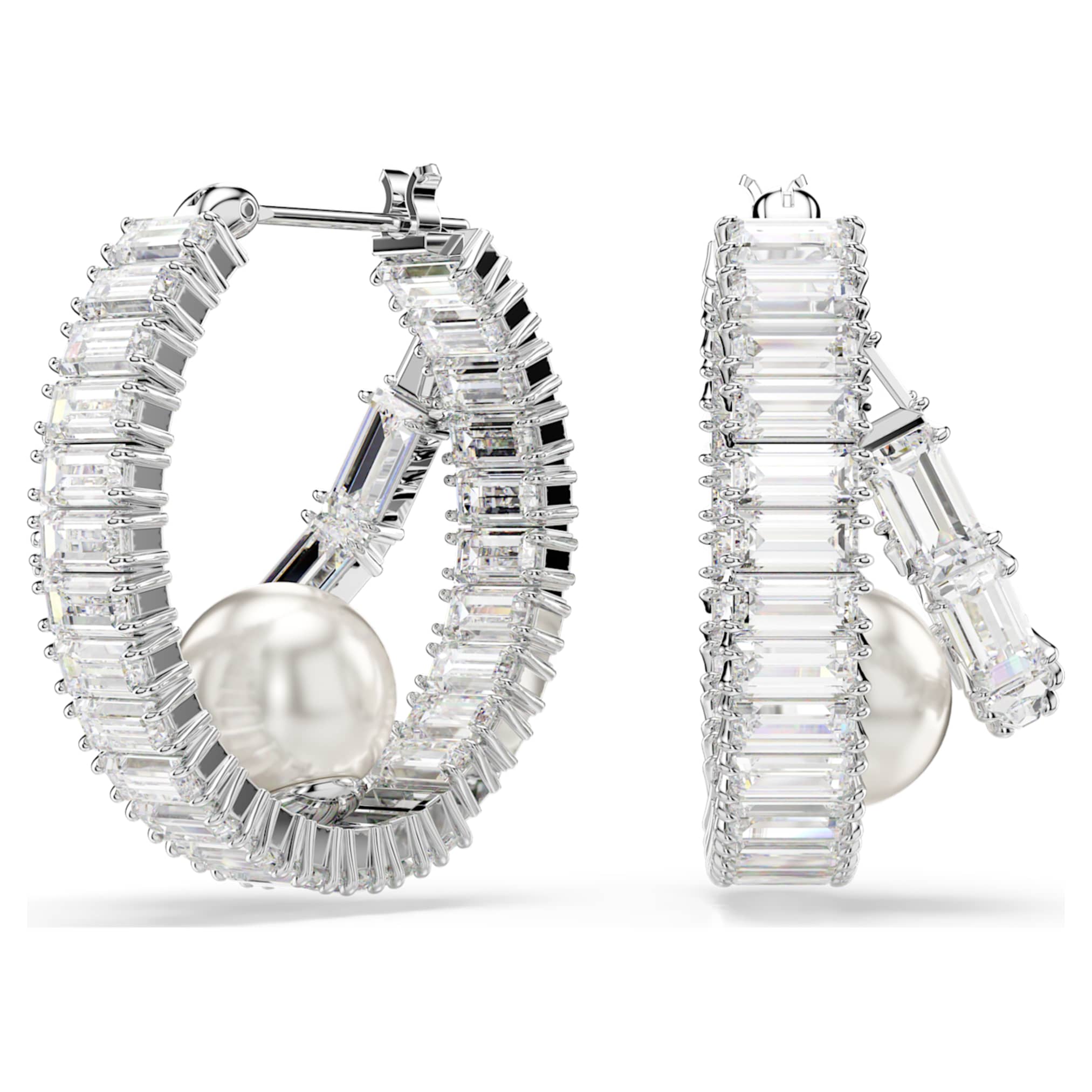 Ariana Grande x Swarovski hoop earrings Crystal pearl, Baguette cut, White, Rhodium plated