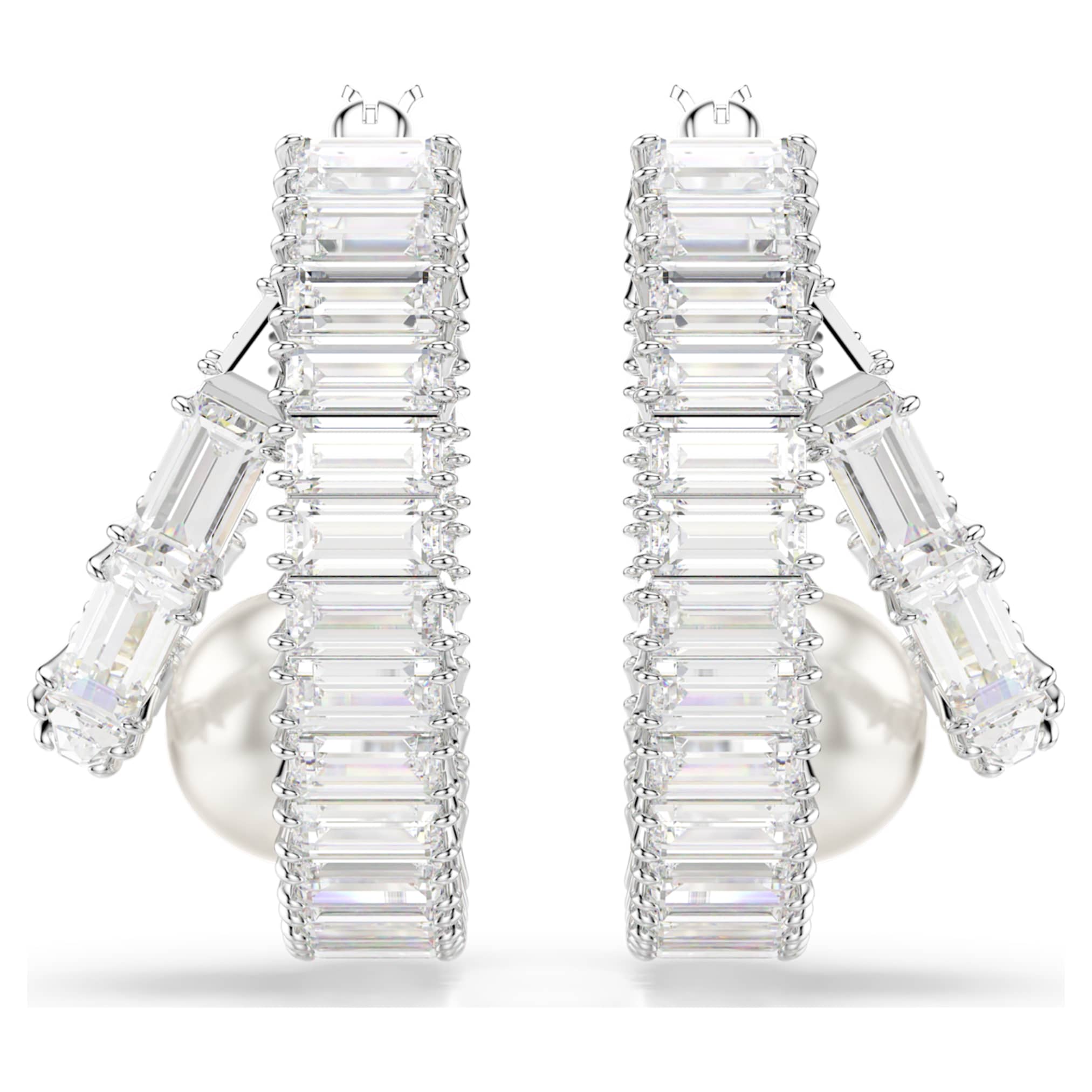 Ariana Grande x Swarovski hoop earrings Crystal pearl, Baguette cut, White, Rhodium plated