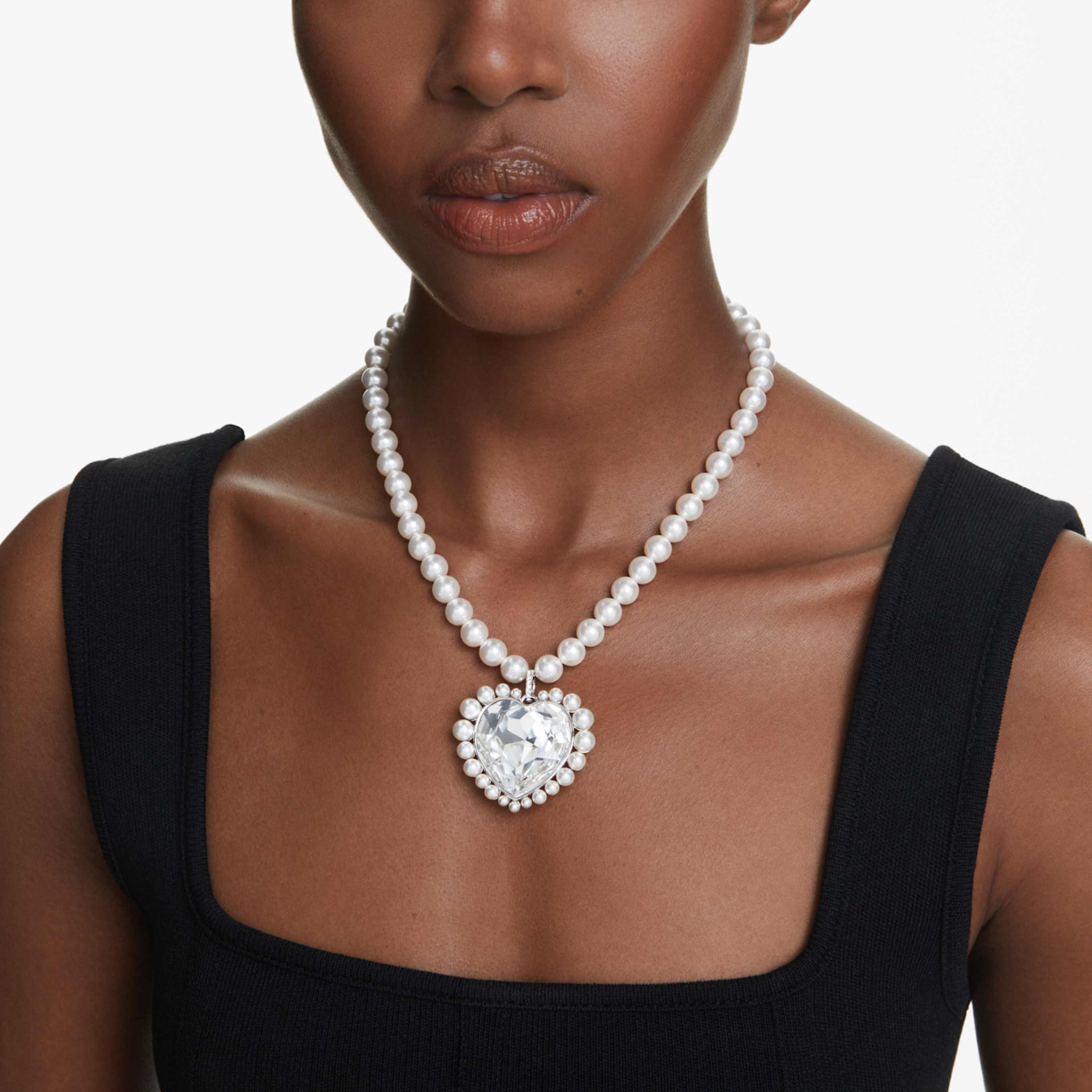Ariana Grande x Swarovski necklace Crystal pearl, Heart cut, Heart, White, Rhodium plated