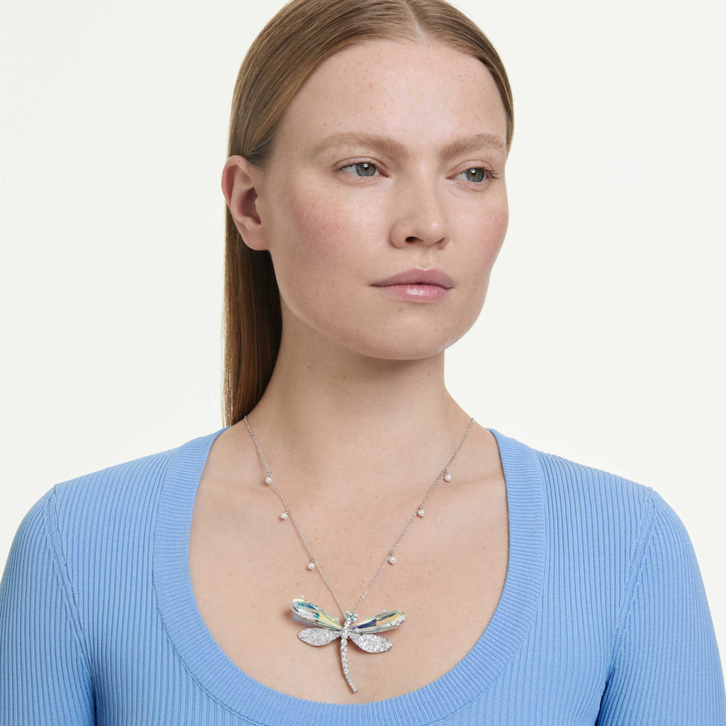 Ariana Grande x Swarovski pendant and brooch Crystal Pearl, Mixed cuts, Dragonfly, White, Rhodium plated