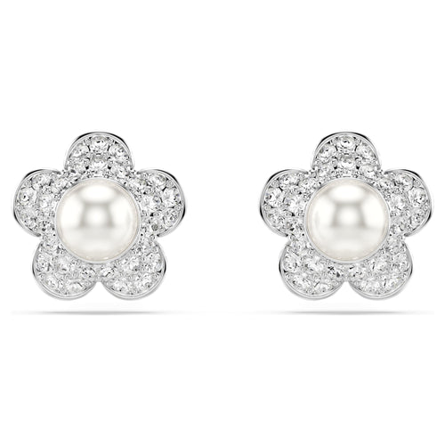 Ariana Grande x Swarovski stud earrings Crystal Pearl, Round cut, Flower, White, Rhodium plated