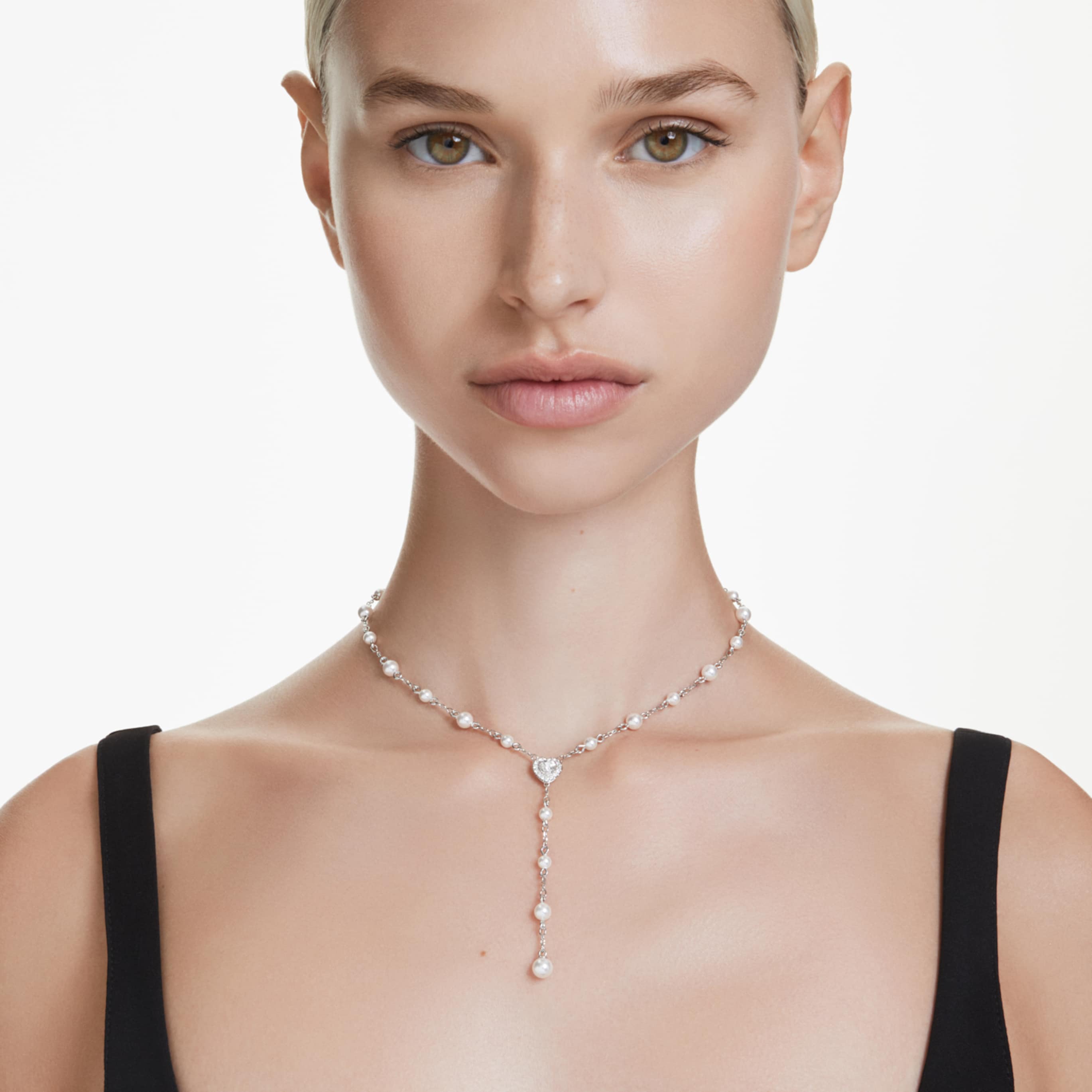 Ariana Grande x Swarovski Y necklace Mixed cuts, Crystal pearl, Heart, White, Rhodium plated