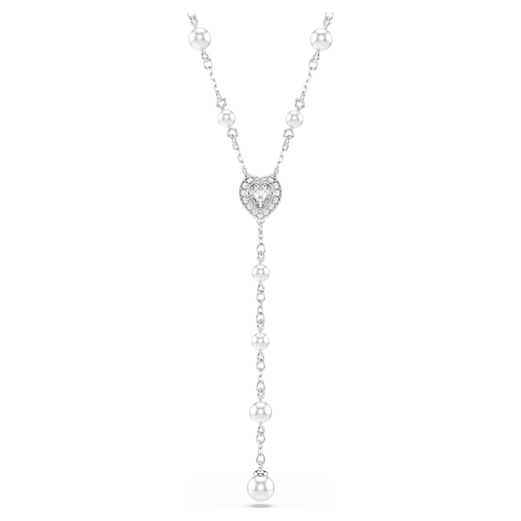 Ariana Grande x Swarovski Y necklace Mixed cuts, Crystal pearl, Heart, White, Rhodium plated