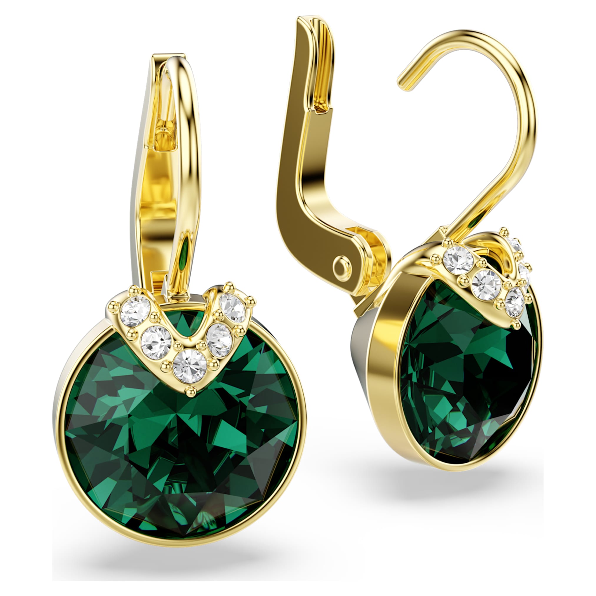 Swarovski Bella V drop earrings Round cut, Green, 18K gold finish