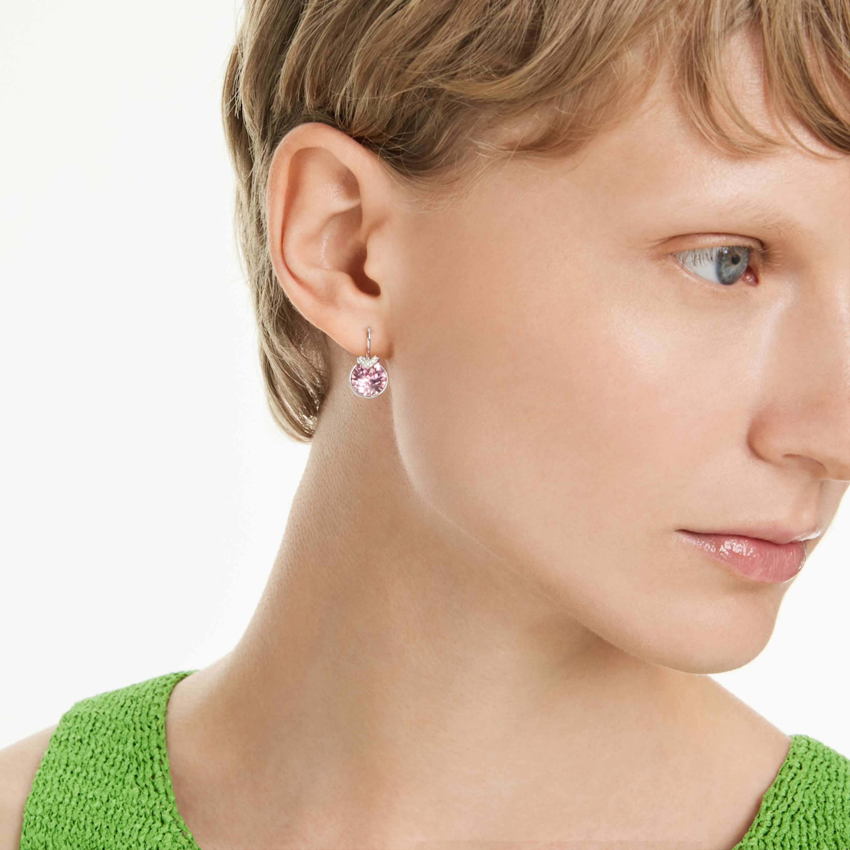 Swarovski Bella V drop earrings Round cut, Green, 18K gold finish