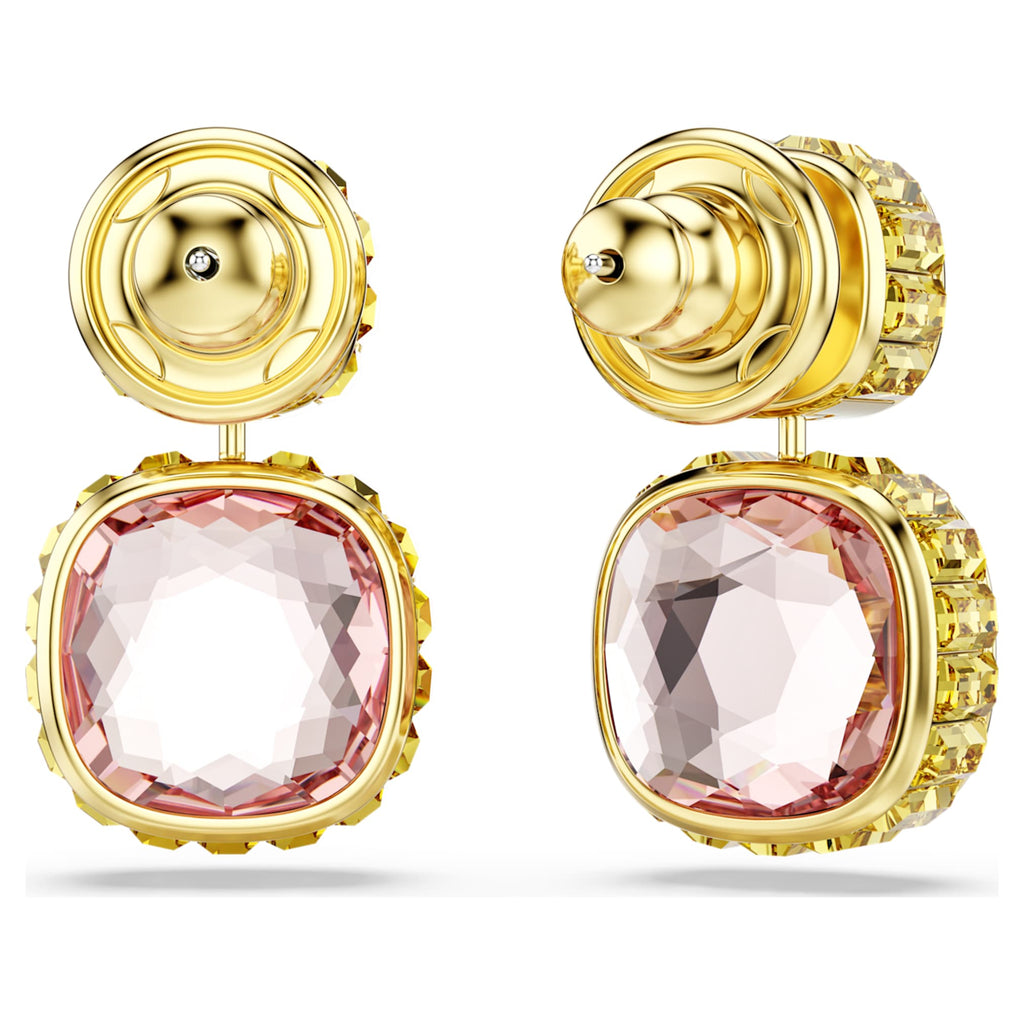 Swarovski Chroma drop earrings Cushion cut, Multicolored, 18K gold finish