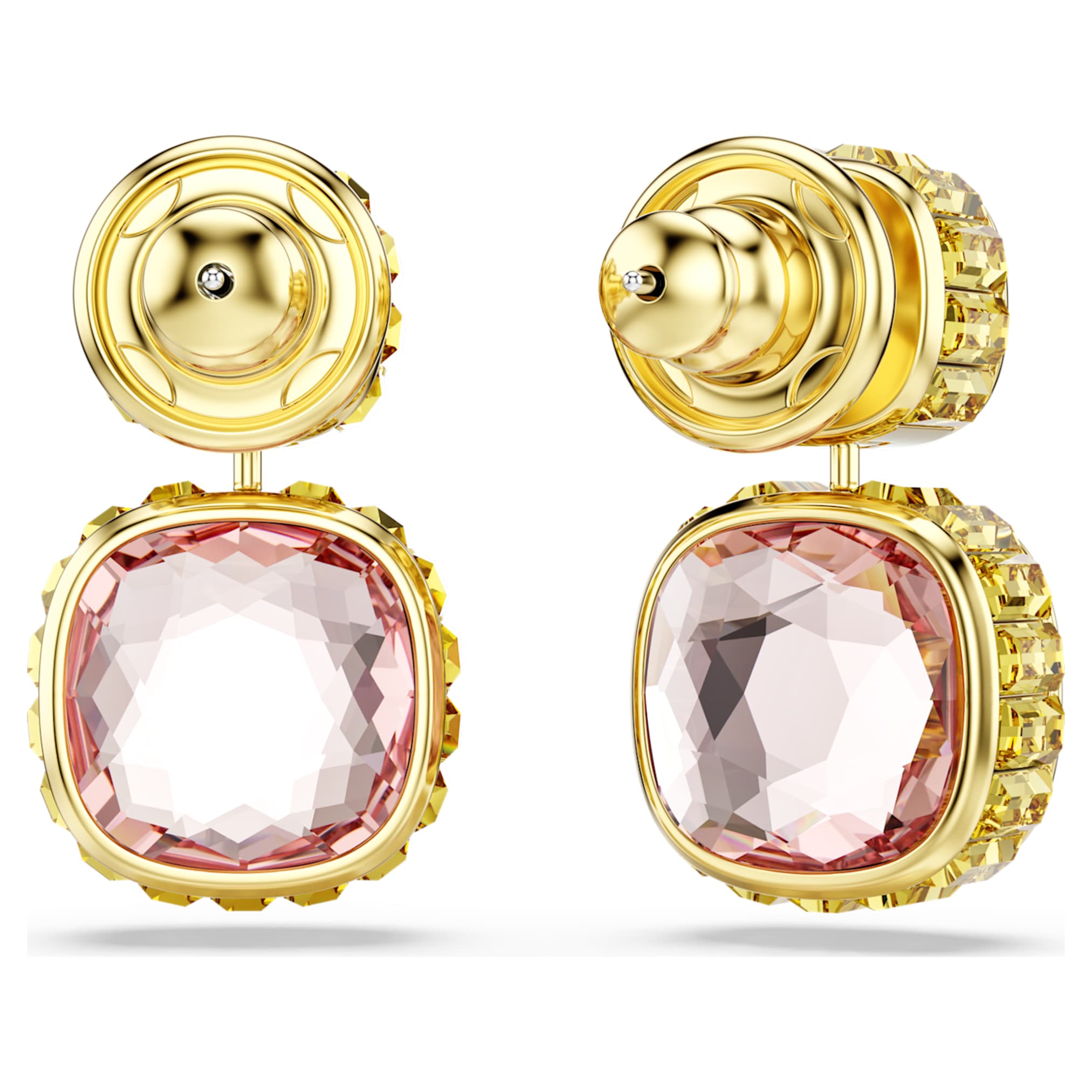 Swarovski Chroma drop earrings Cushion cut, Multicolored, 18K gold finish