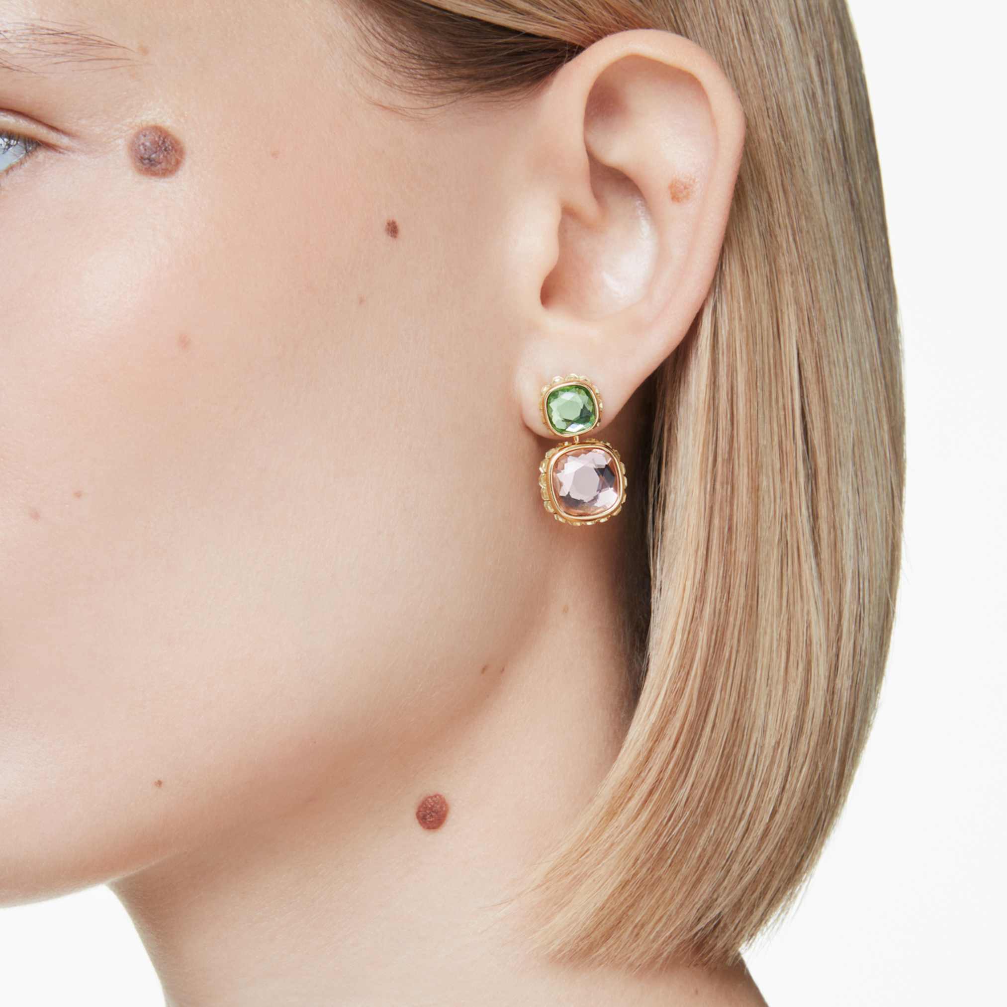 Swarovski Chroma drop earrings Cushion cut, Multicolored, 18K gold finish