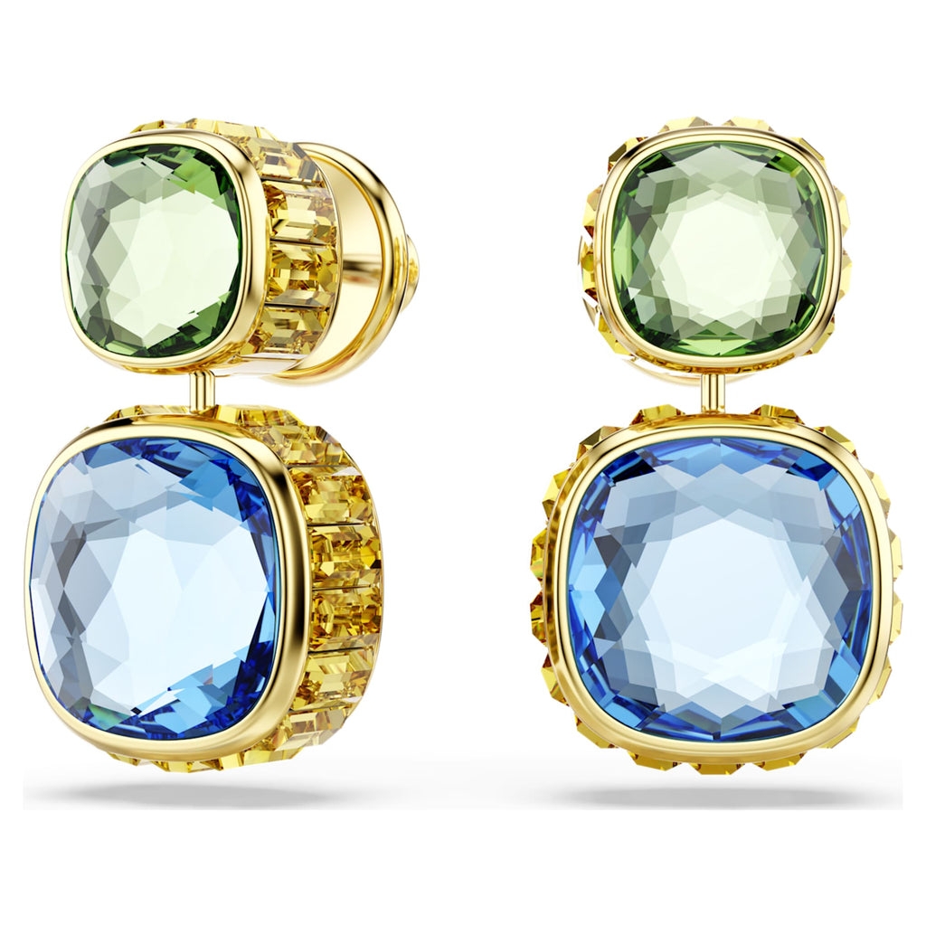 Swarovski Chroma drop earrings Cushion cut, Multicolored, 18K gold finish