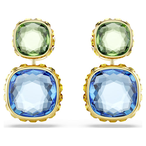 Swarovski Chroma drop earrings Cushion cut, Multicolored, 18K gold finish