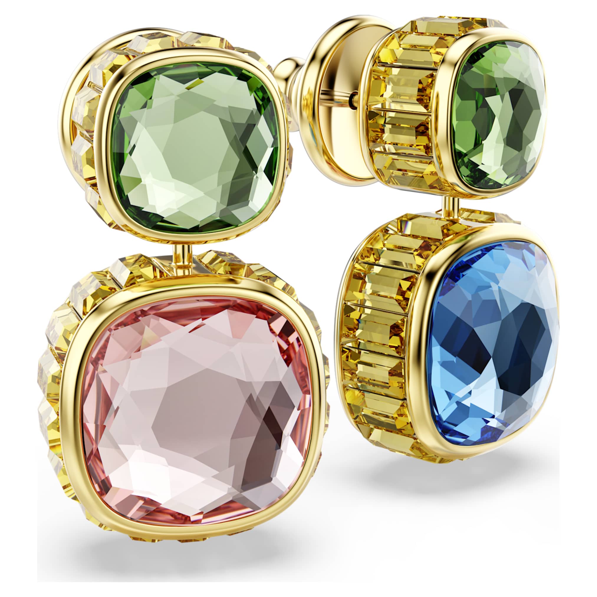 Swarovski Chroma drop earrings Cushion cut, Multicolored, 18K gold finish