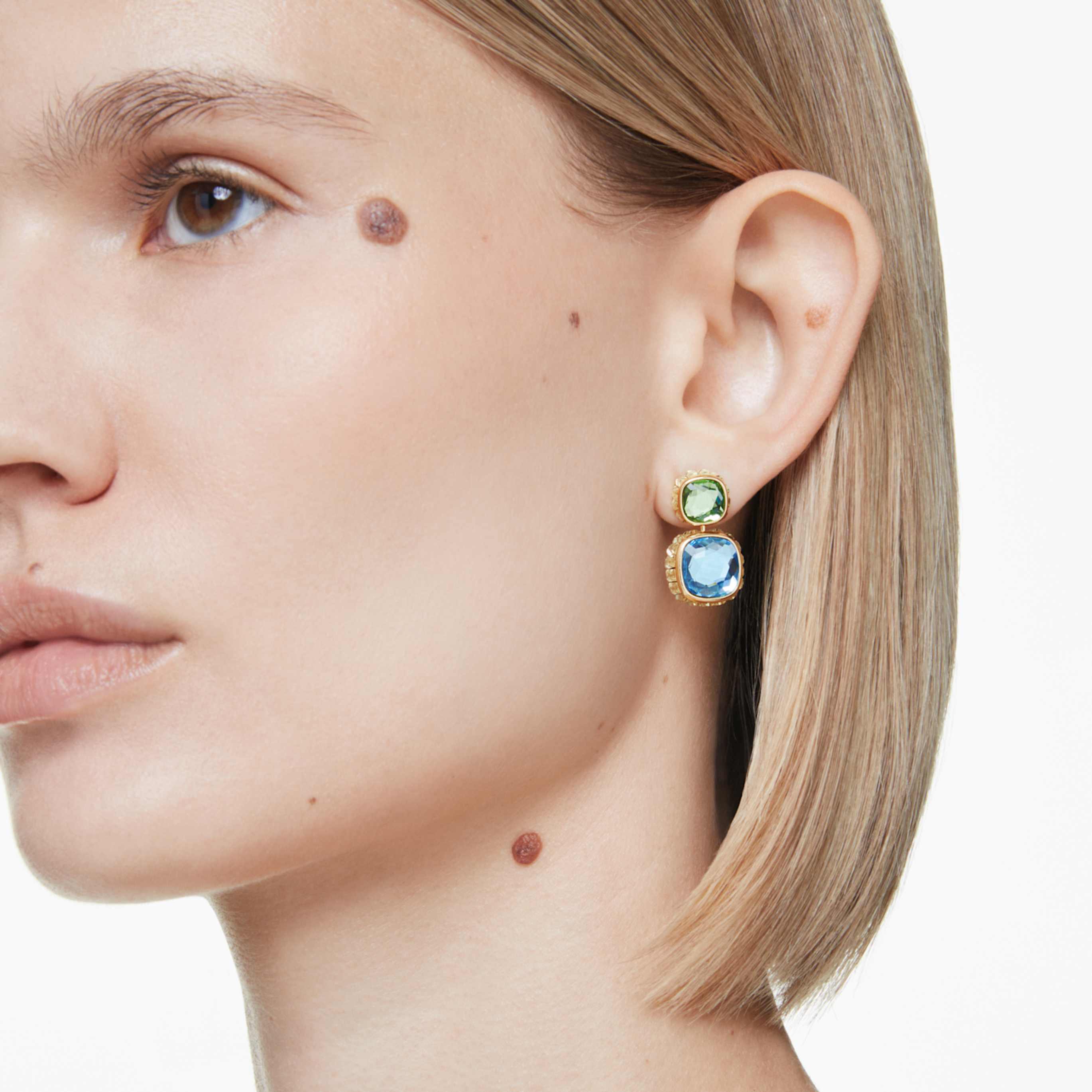 Swarovski Chroma drop earrings Cushion cut, Multicolored, 18K gold finish
