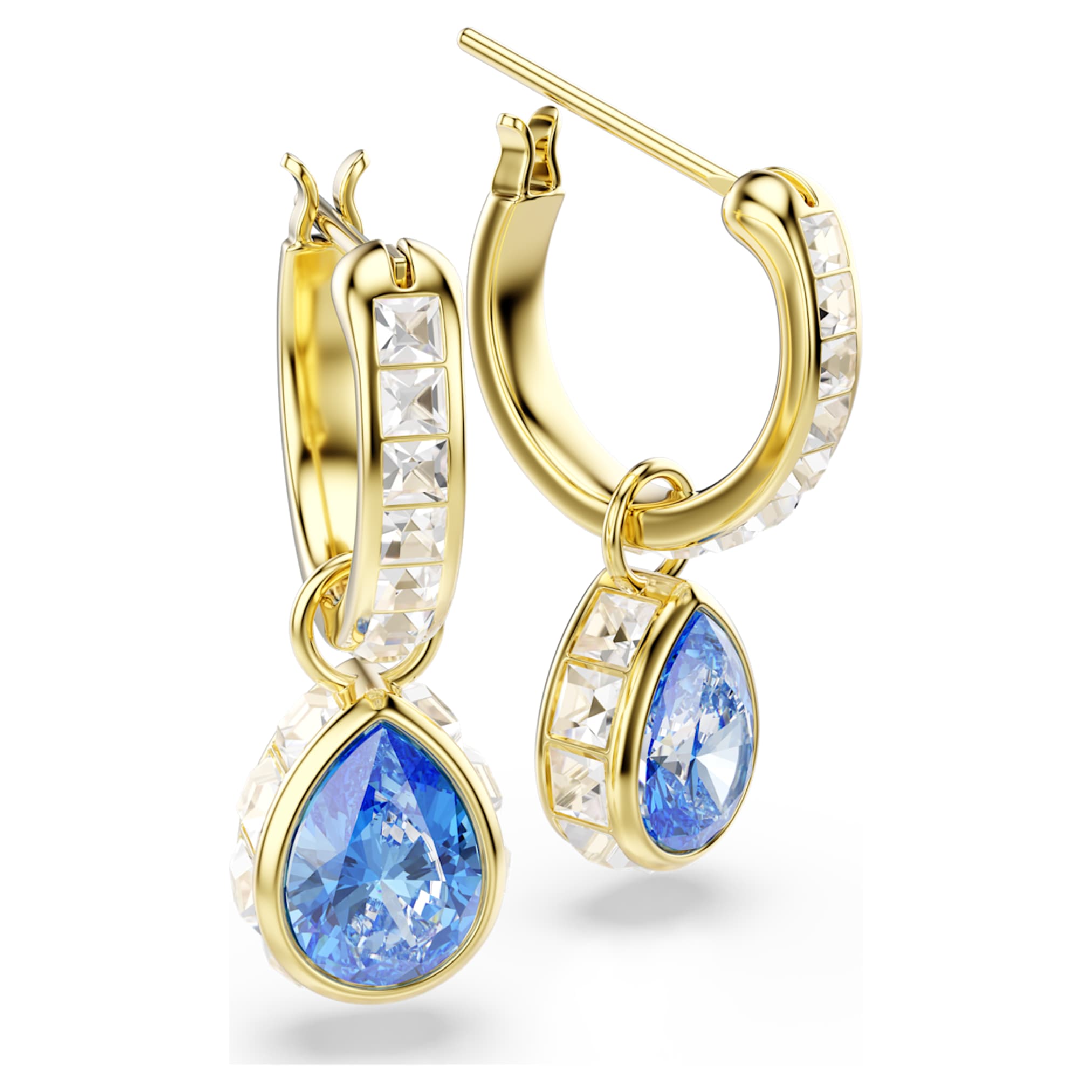 Swarovski Chroma drop earrings Pear cut, Blue, 18K gold finish