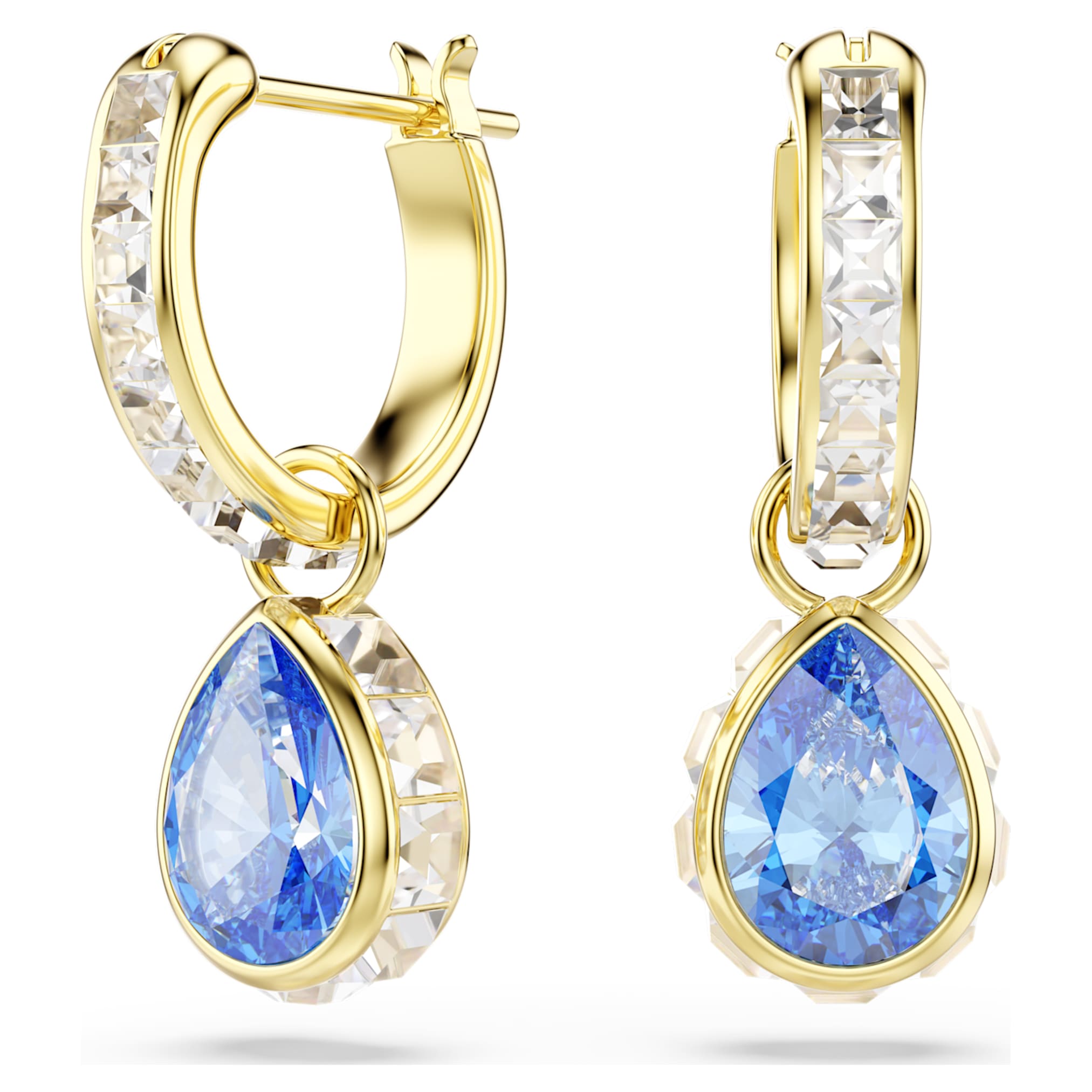 Swarovski Chroma drop earrings Pear cut, Blue, 18K gold finish