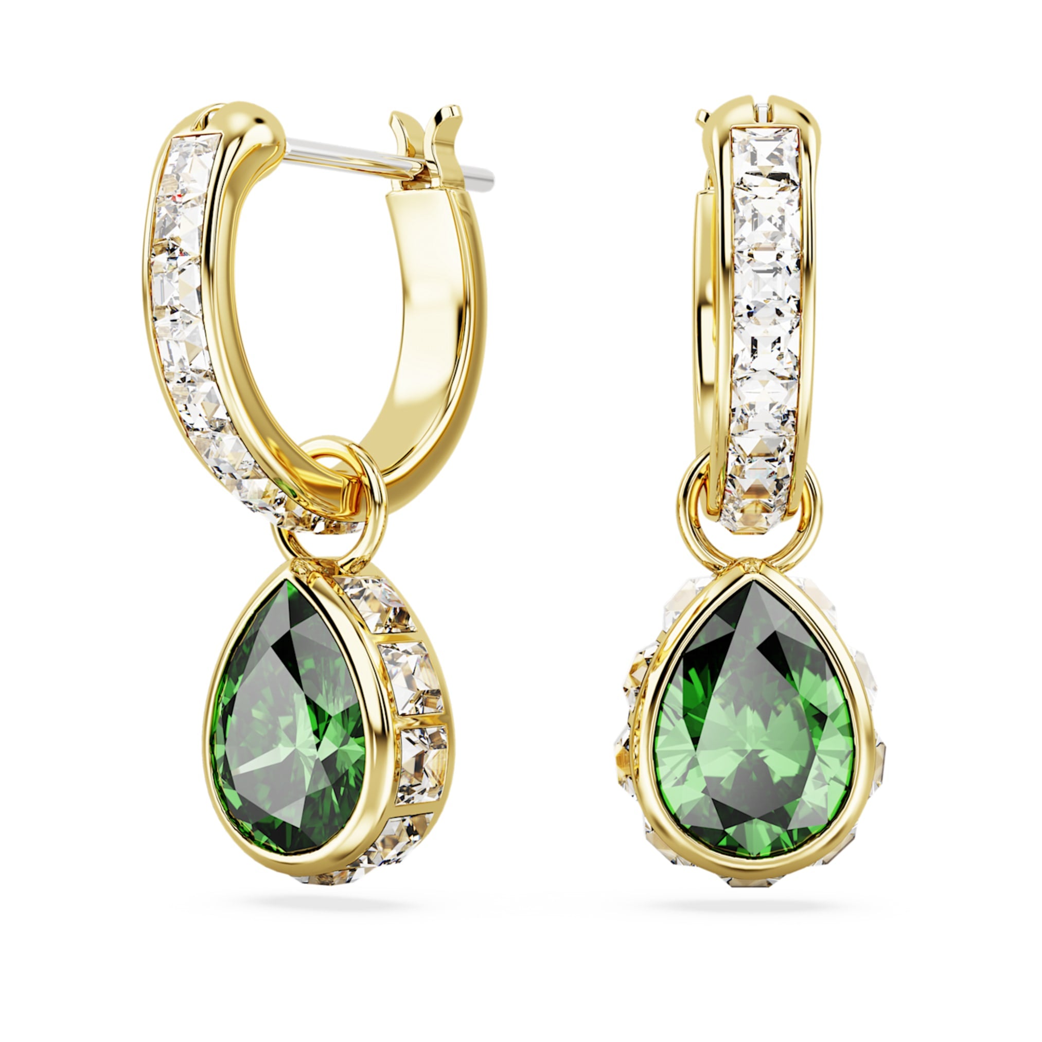 Swarovski Chroma drop earrings Pear cut, Green, 18K gold finish