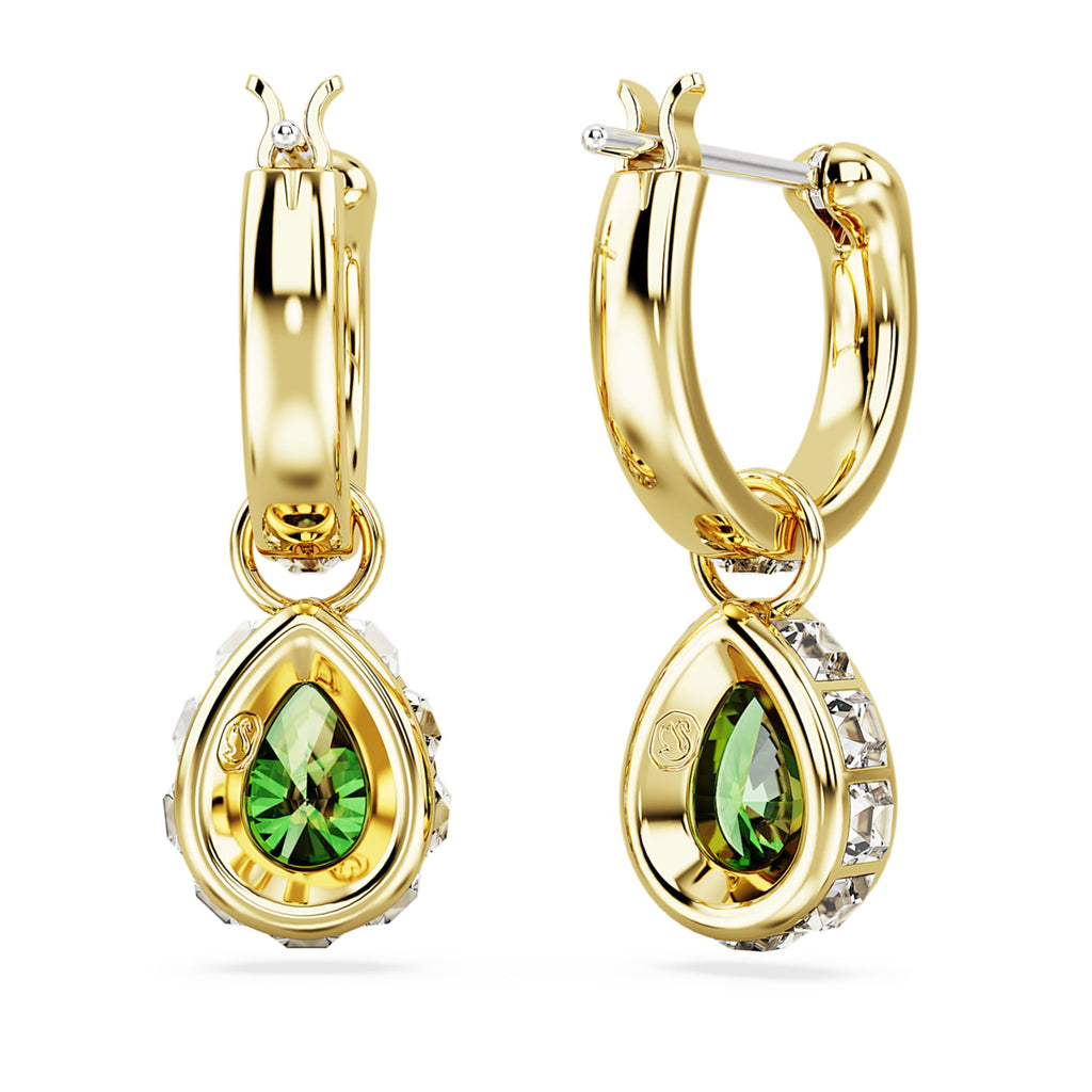 Swarovski Chroma drop earrings Pear cut, Green, 18K gold finish