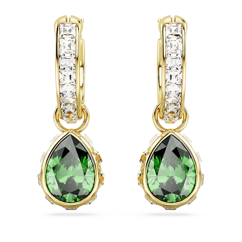 Swarovski Chroma drop earrings Pear cut, Green, 18K gold finish