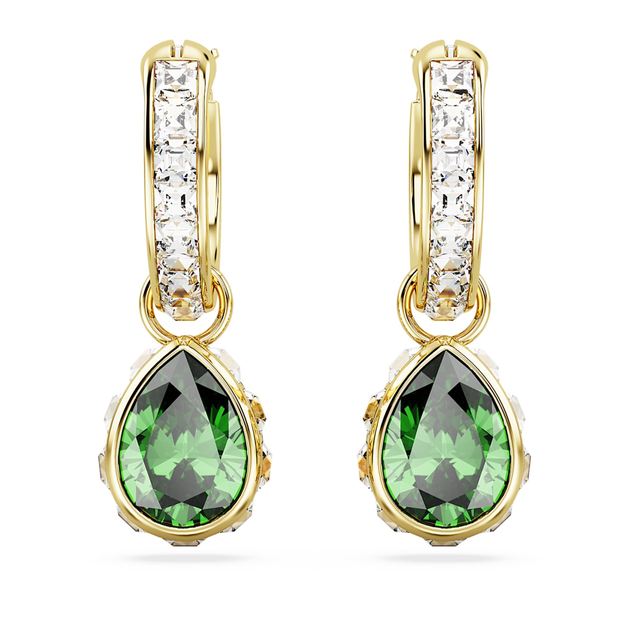 Swarovski Chroma drop earrings Pear cut, Green, 18K gold finish