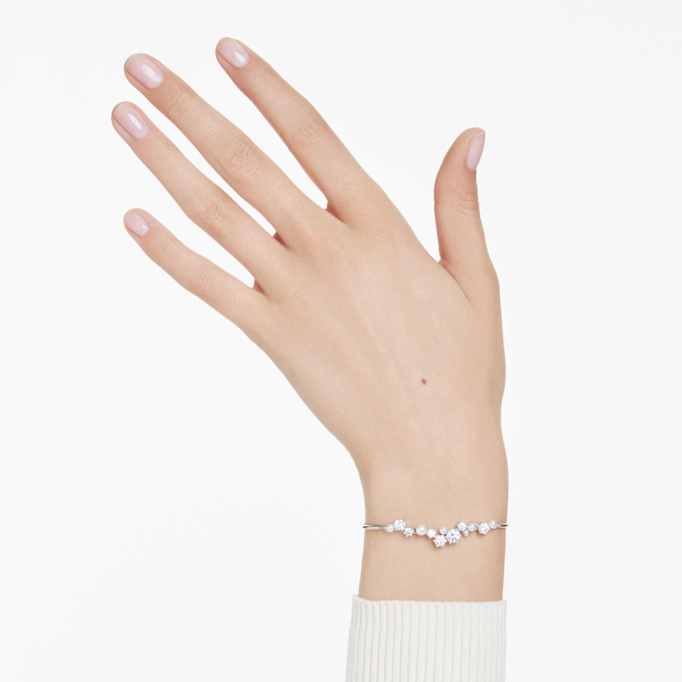 Swarovski Constella bangle Crystal pearl, Round cuts, White, Rhodium plated