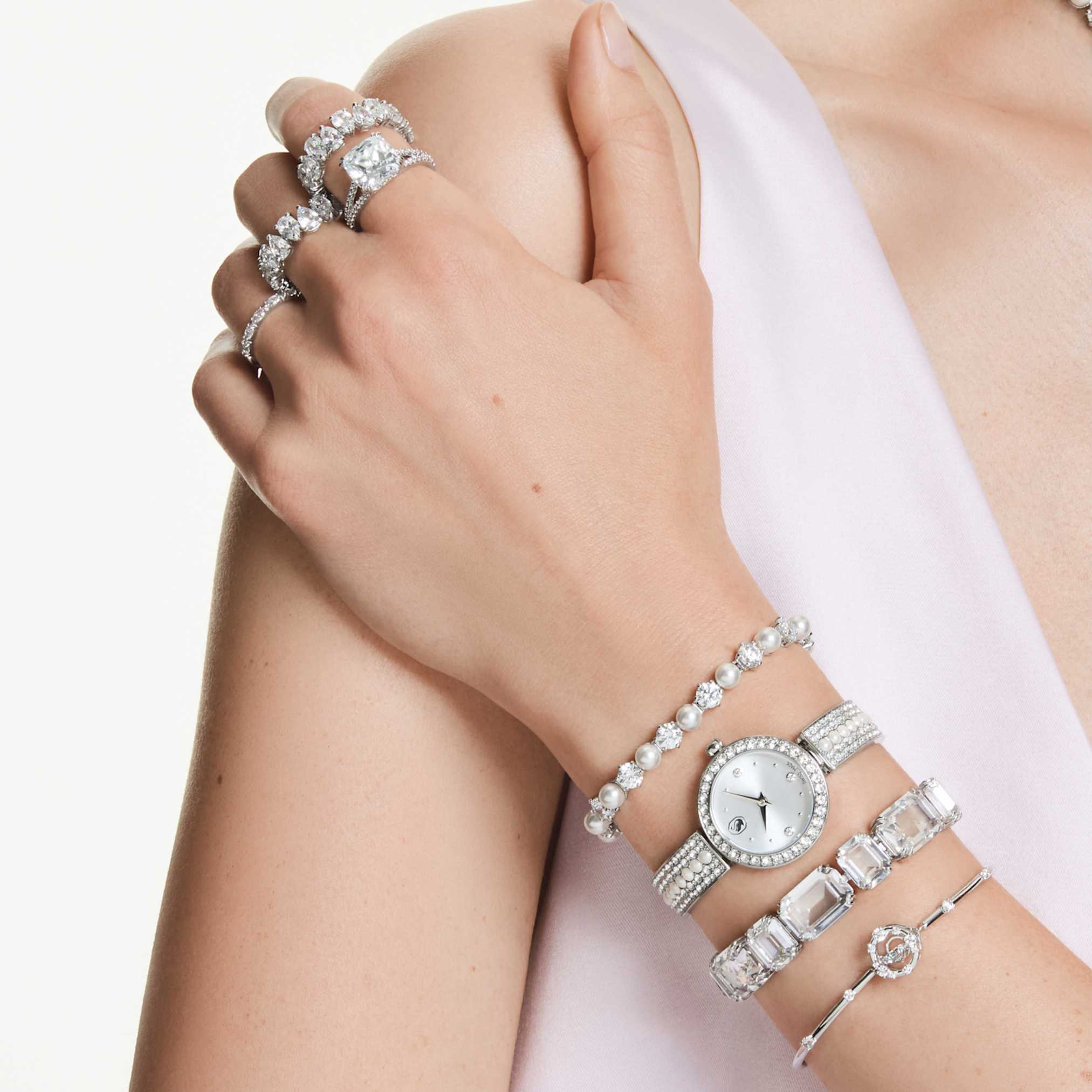 Swarovski Constella bangle Round cut, Dancing stone, White, Rhodium plated