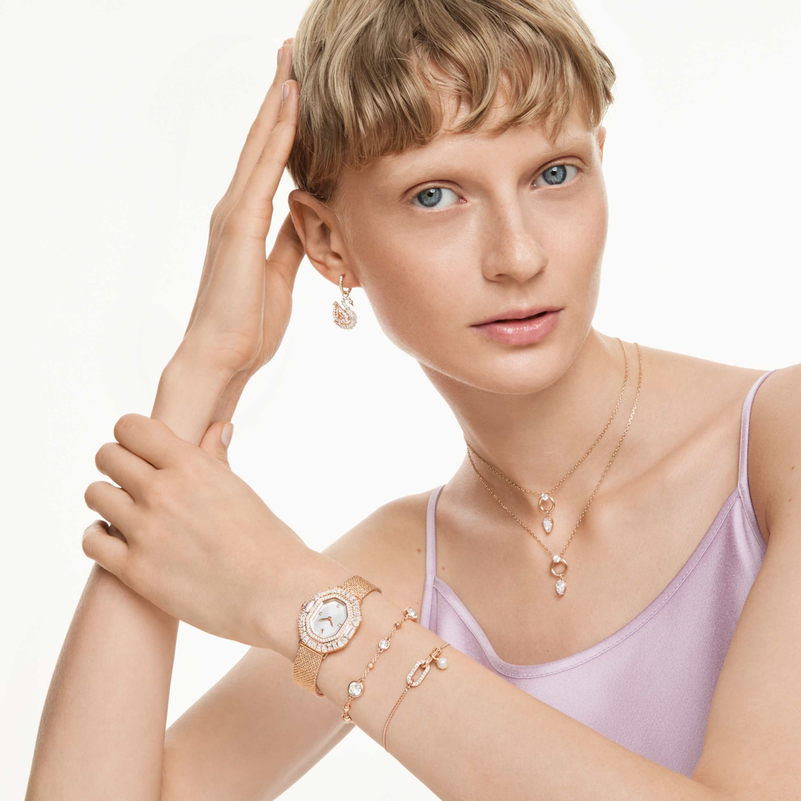 Swarovski Constella bracelet Crystal pearl, Round cut, White, 18K rose gold finish