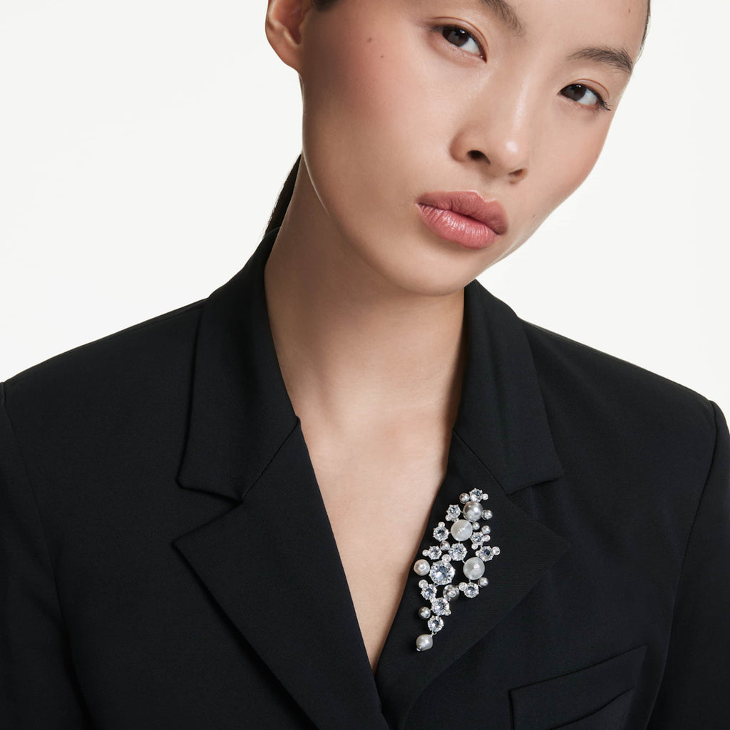 Swarovski Constella brooch Crystal pearl, Round cut, White, Rhodium plated