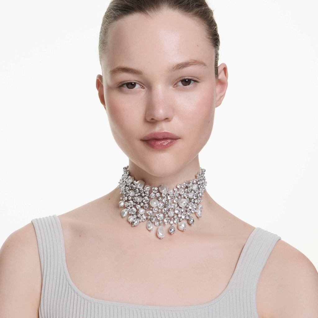 Swarovski Constella choker Crystal pearl, Round cut, White, Rhodium plated