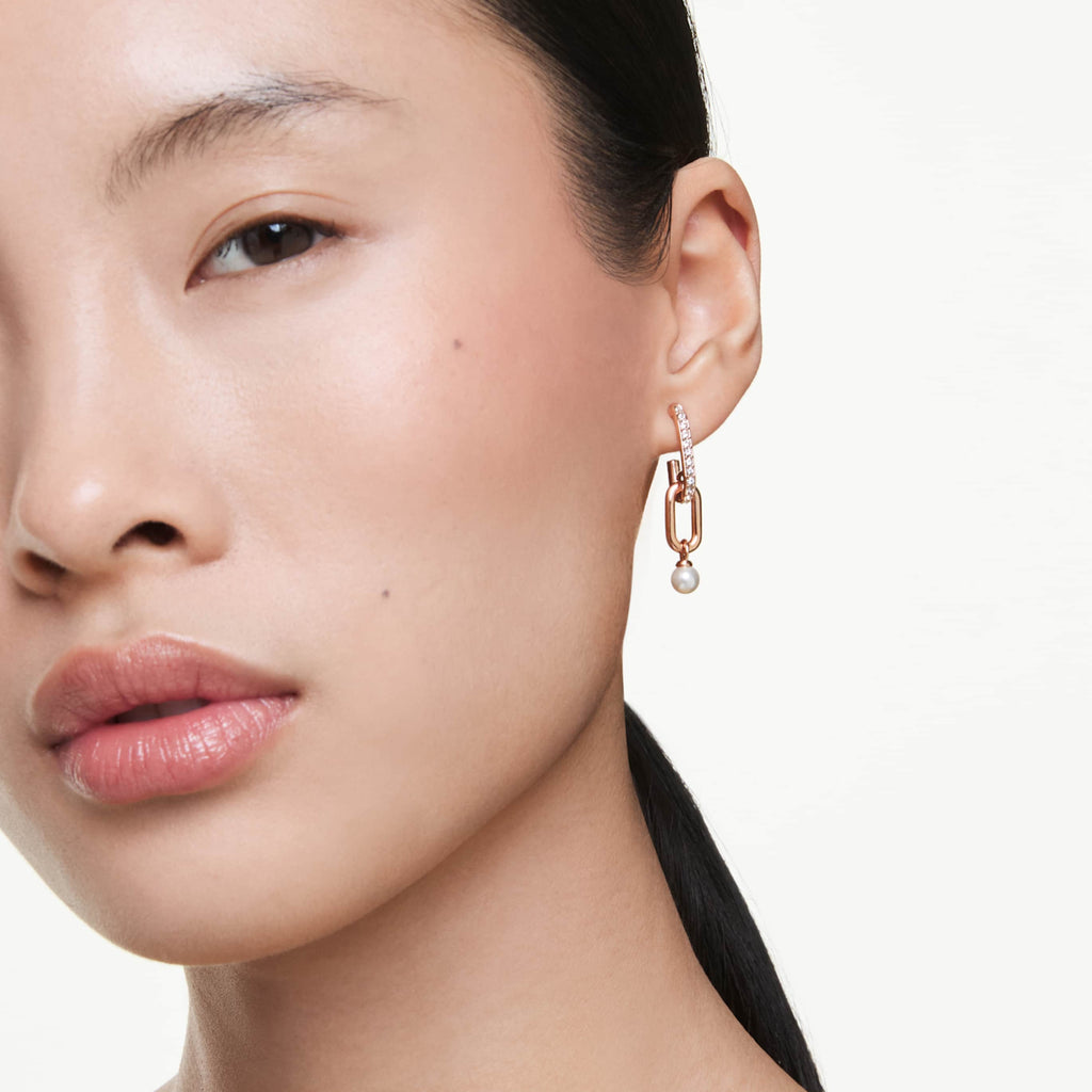 Swarovski Constella drop earrings Crystal pearl, Round cut, White, 18K rose gold finish