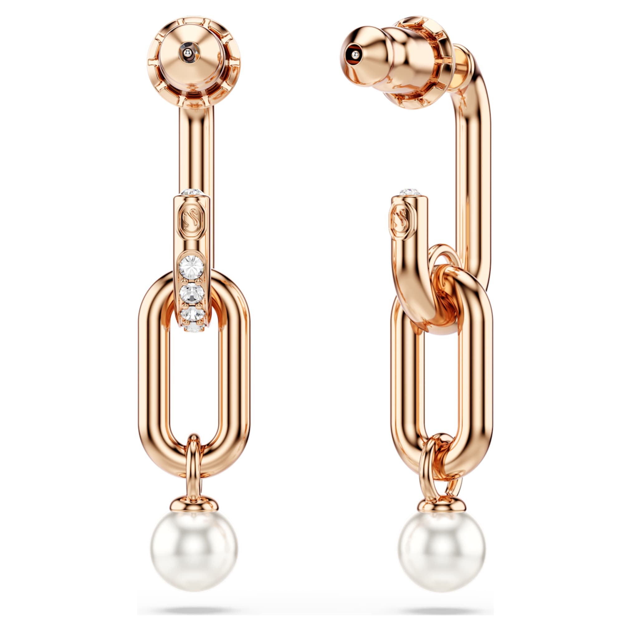 Swarovski Constella drop earrings Crystal pearl, Round cut, White, 18K rose gold finish