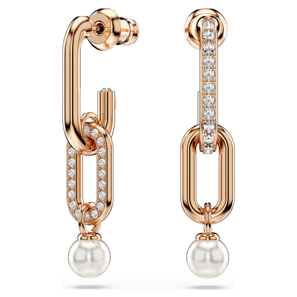 Swarovski Constella drop earrings Crystal pearl, Round cut, White, 18K rose gold finish