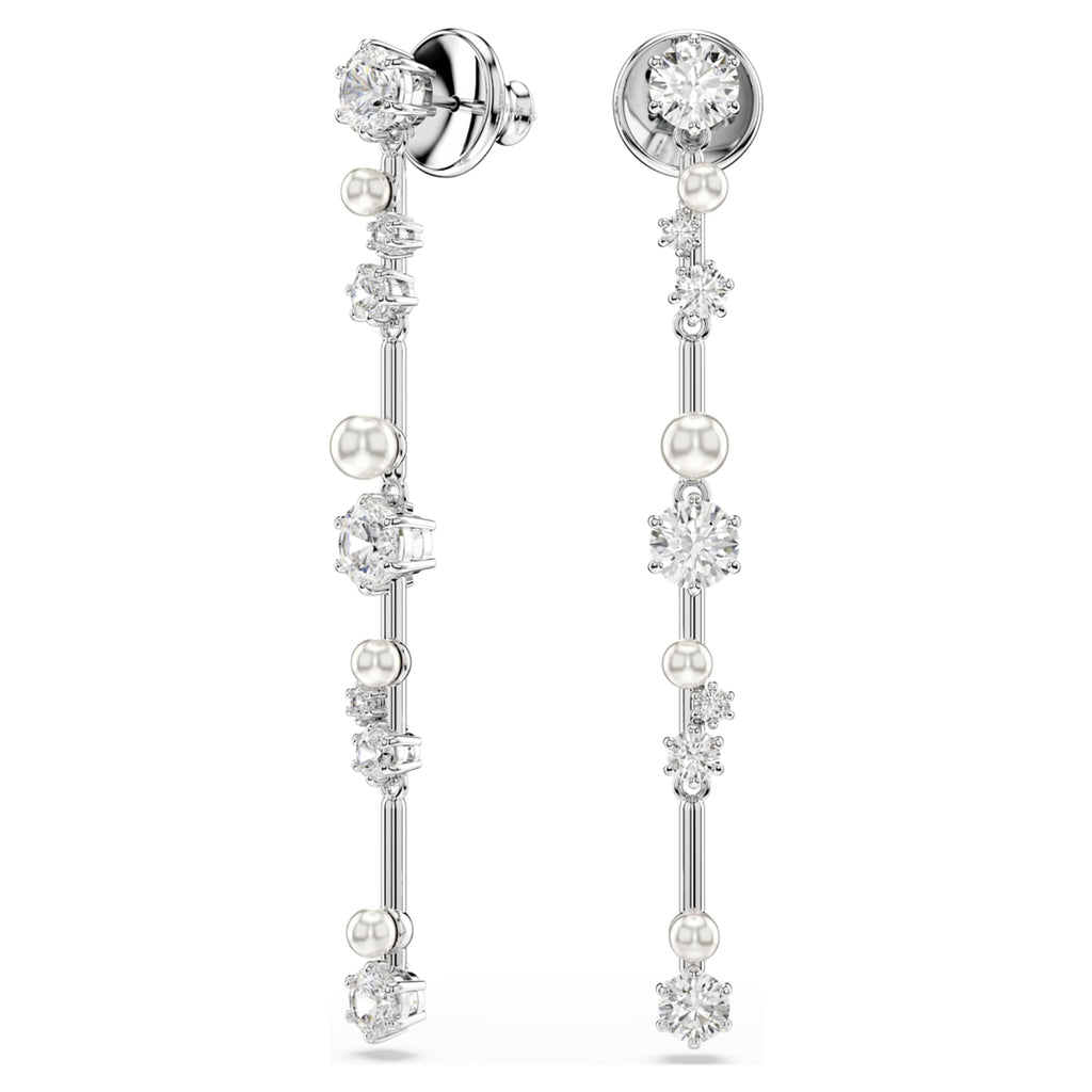 Swarovski Constella drop earrings Crystal pearl, Round cuts, White, Rhodium plated