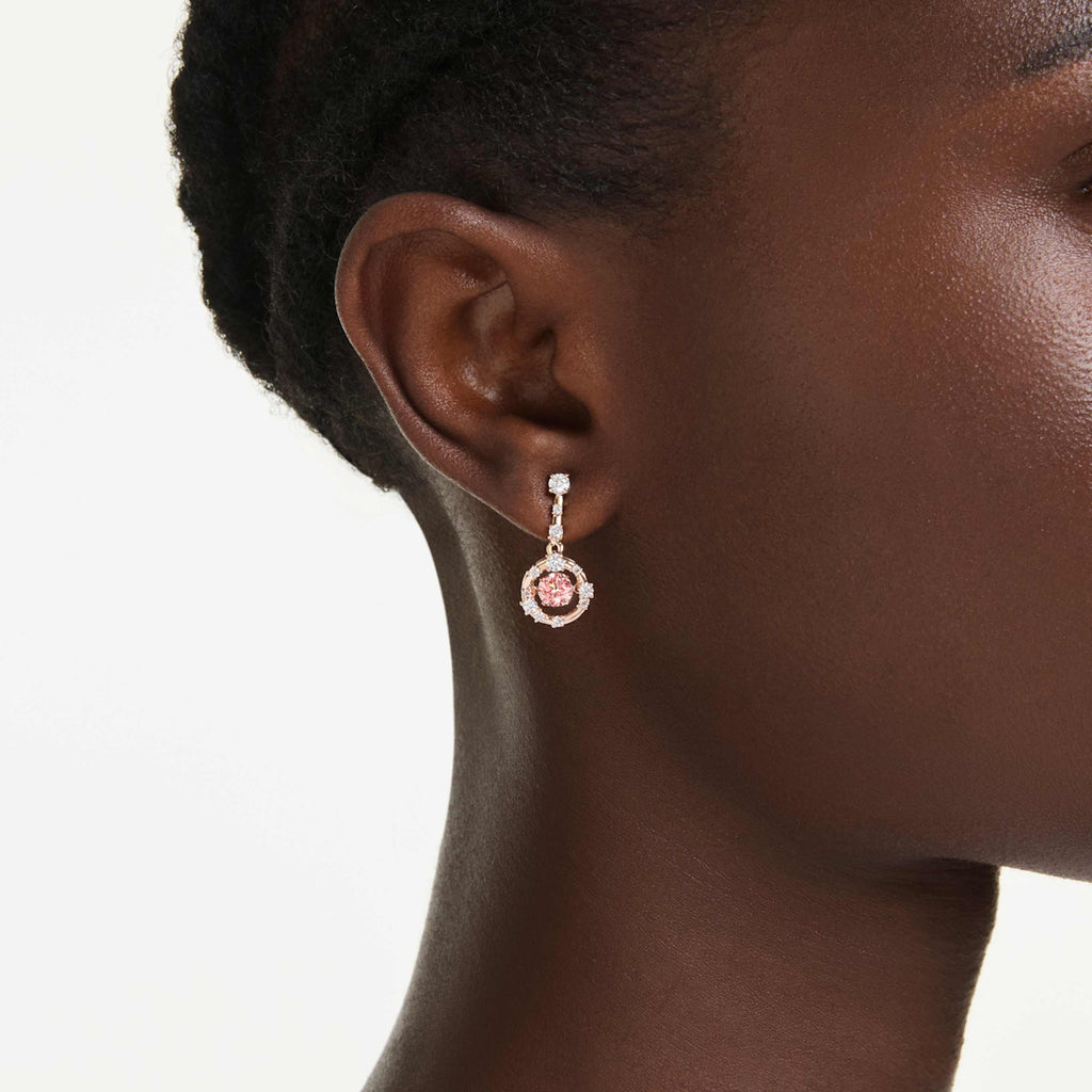 Swarovski Constella drop earrings Round cut, Dancing stone, White, Rhodium plated
