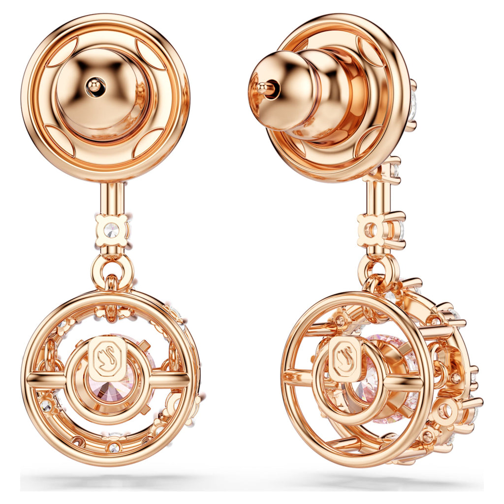 Swarovski Constella drop earrings Round cut, Dancing stone, Pink, 18K rose gold finish