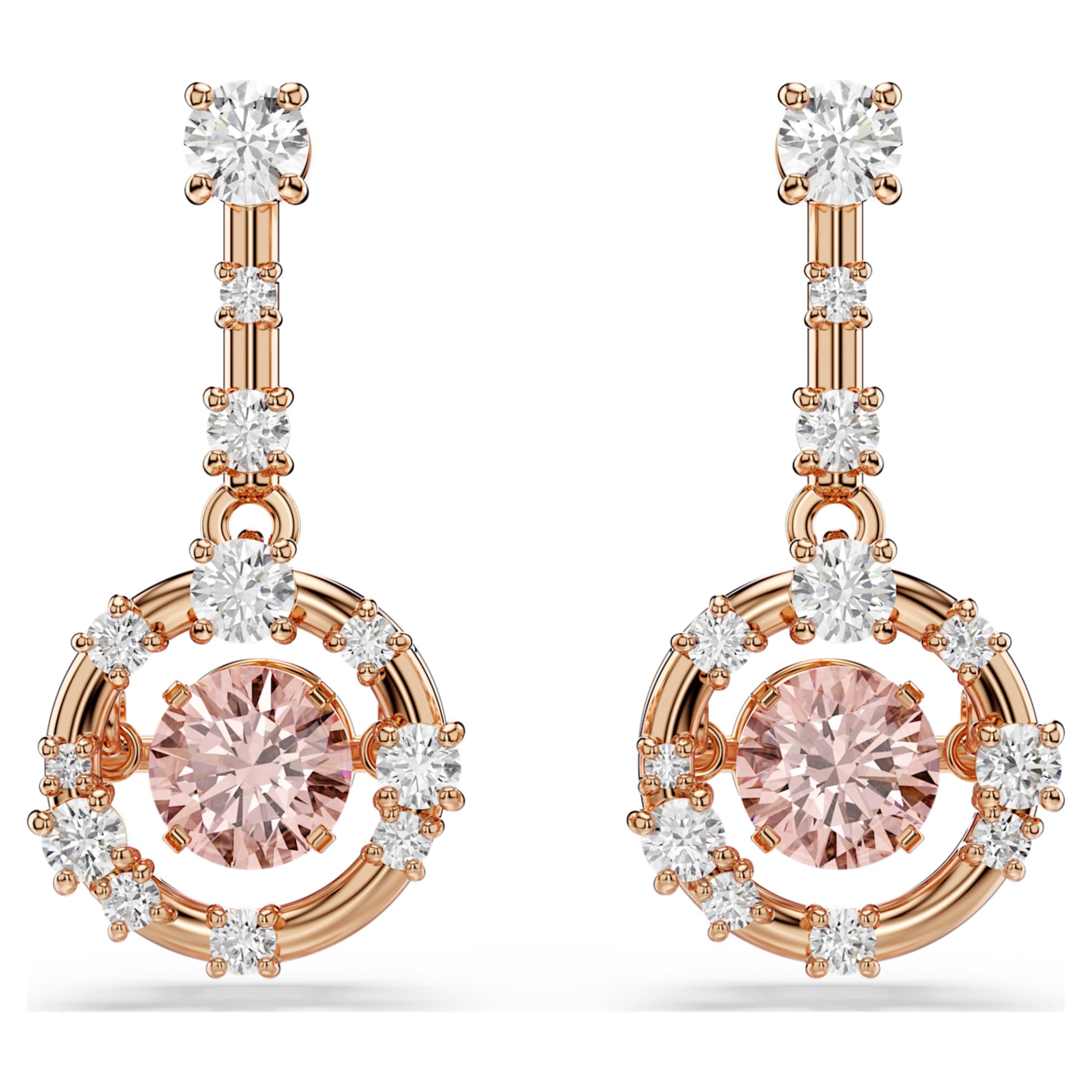 Swarovski Constella drop earrings Round cut, Dancing stone, Pink, 18K rose gold finish