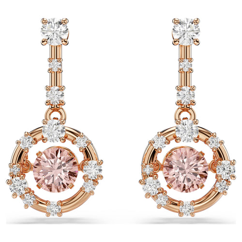 Swarovski Constella drop earrings Round cut, Dancing stone, Pink, 18K rose gold finish