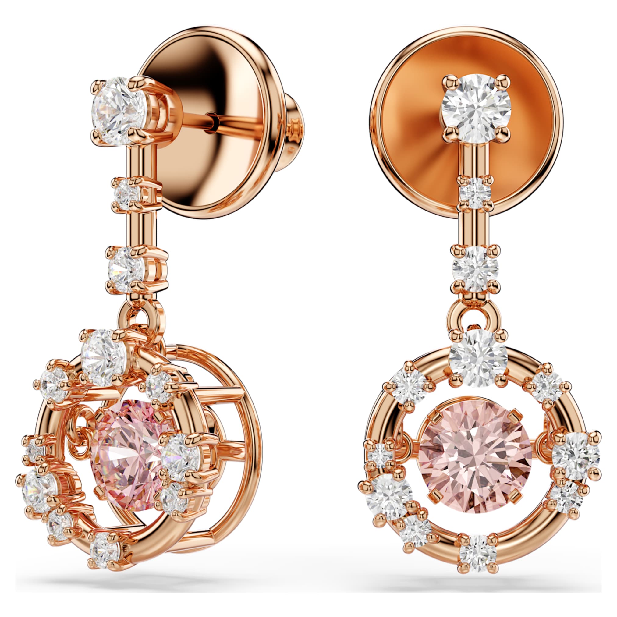 Swarovski Constella drop earrings Round cut, Dancing stone, Pink, 18K rose gold finish
