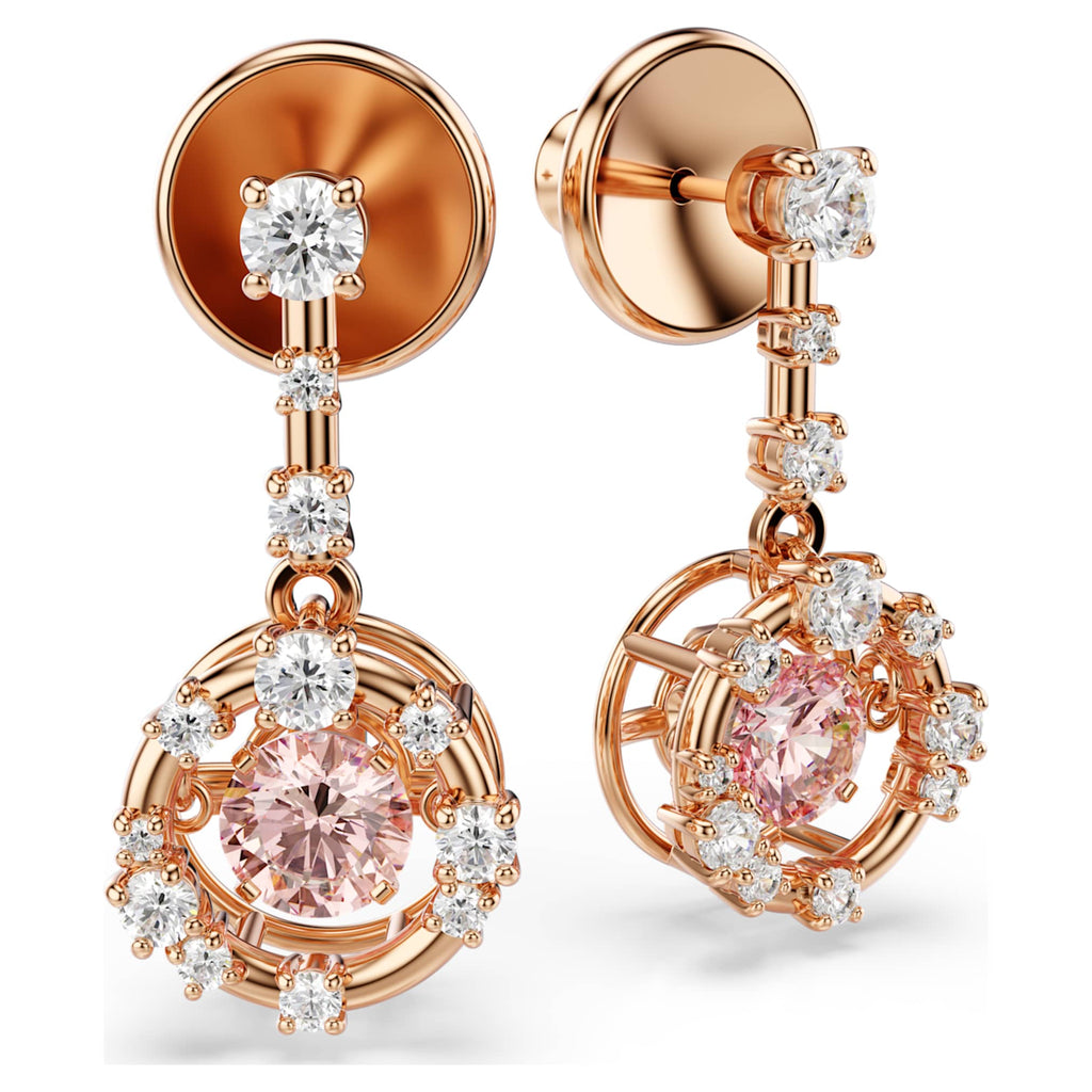 Swarovski Constella drop earrings Round cut, Dancing stone, Pink, 18K rose gold finish